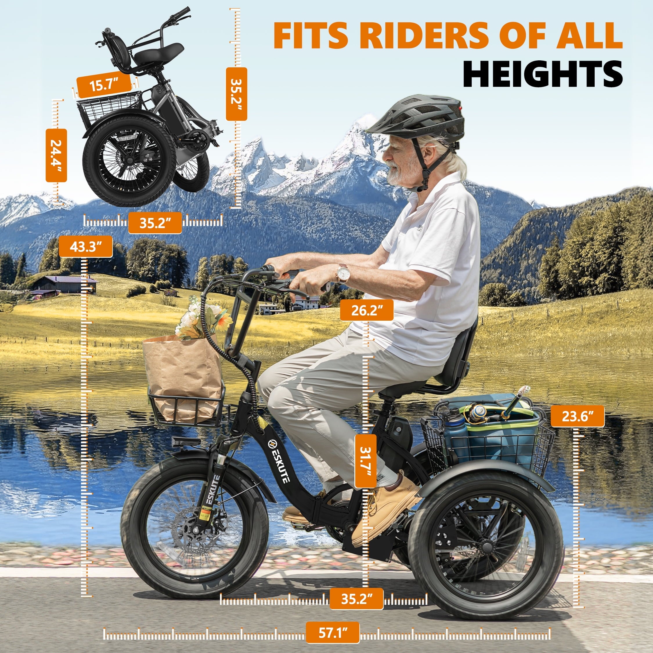2 Pack Black+White ESKUTE E Trike Electric Bike, Peak 1200W Brushless Motor Folding Trike 18X3.0 Fat Tire Ebike, 499Wh Removable Battery,Step-Thru 3-Wheel E-Bike,48V 13AH 18MPH+Tricycle for Adults Electric Bikes