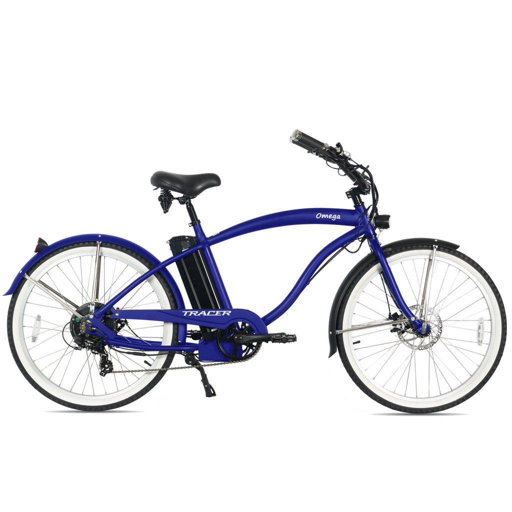 Tracer Omega 26 Electric Bike, 500W Rear Motor, 7-speed, 25mph,  48V/14Ah, 30 to 45 Miles, 5-level PAS, Disc Brake, for Men, Blue UL2849 Electric Bikes