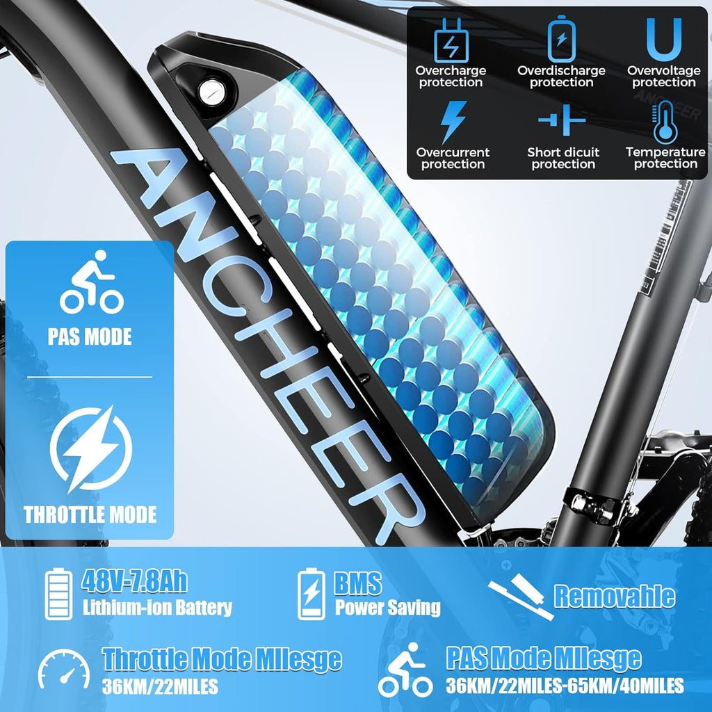 ANCHEER Electric Bike ,26 Electric Bike for Adults Electric Bicycles, 500W Electric Mountain Bike, 48V Commuter Ebike 48V Battery Ebike UL 2849, Lockable Suspension Fork, Shimano 21 Speed Electric Bikes
