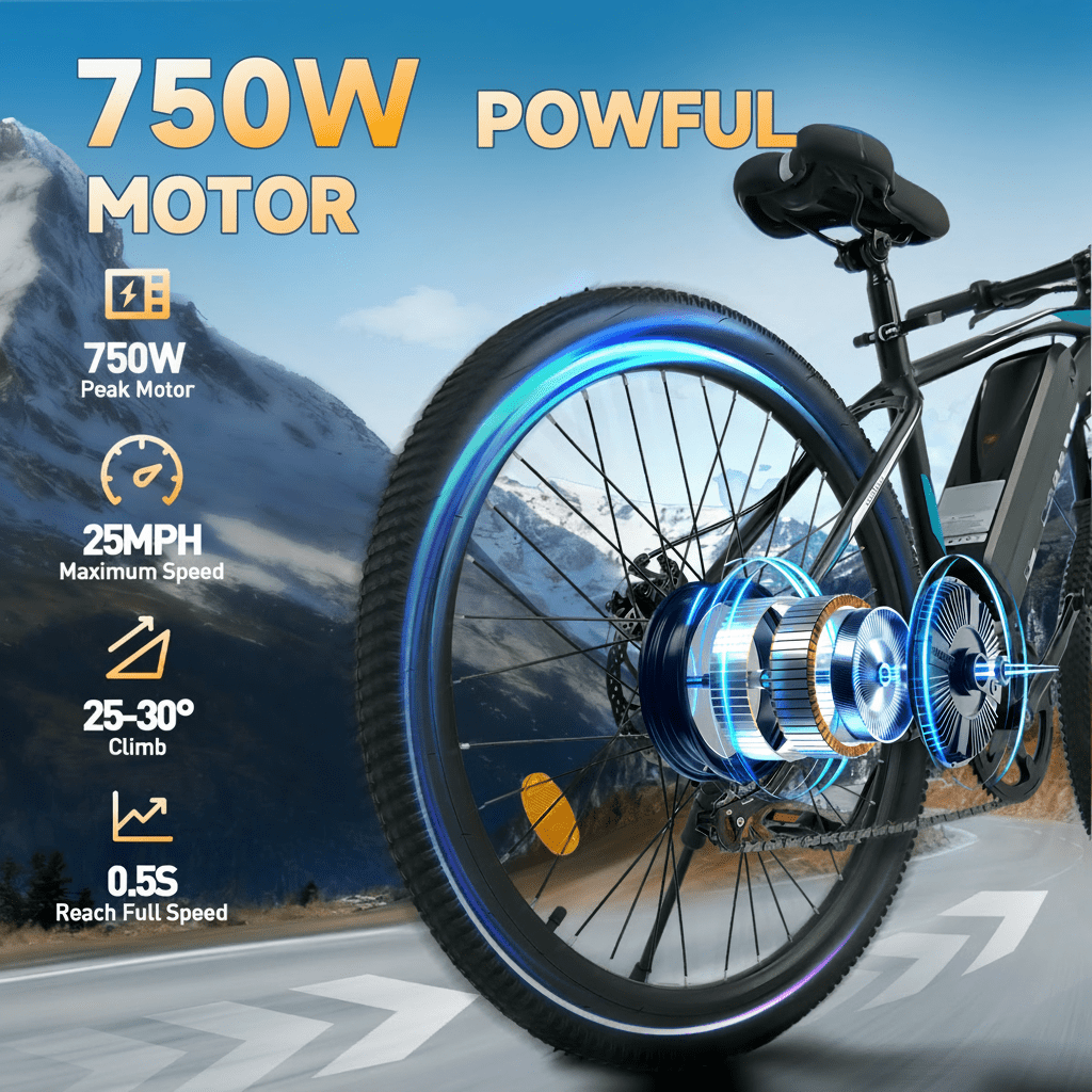 26 Electric Bike for Adults, ebike 750W Peak Power Motor, 25MPH 35Miles Electric Mountain Bike with 432Wh 12Ah Removable Battery, 7-Speed,UL 2849 Electric Bikes