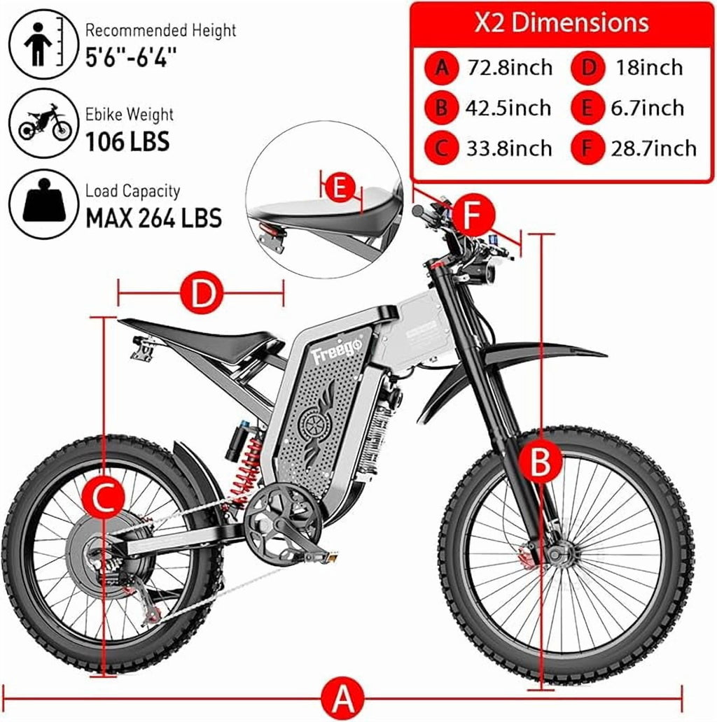 Freego X2Pro 6000W(Peak)Motor 60V 30Ah Battery Electric Motorcycle for Adults,Electric Dirt Bike Teens ,50MPH Off Road Electric Bicycle,19x2 Full Suspension/Four-Piston Hydraulic Brake UL2849 Electric Bikes