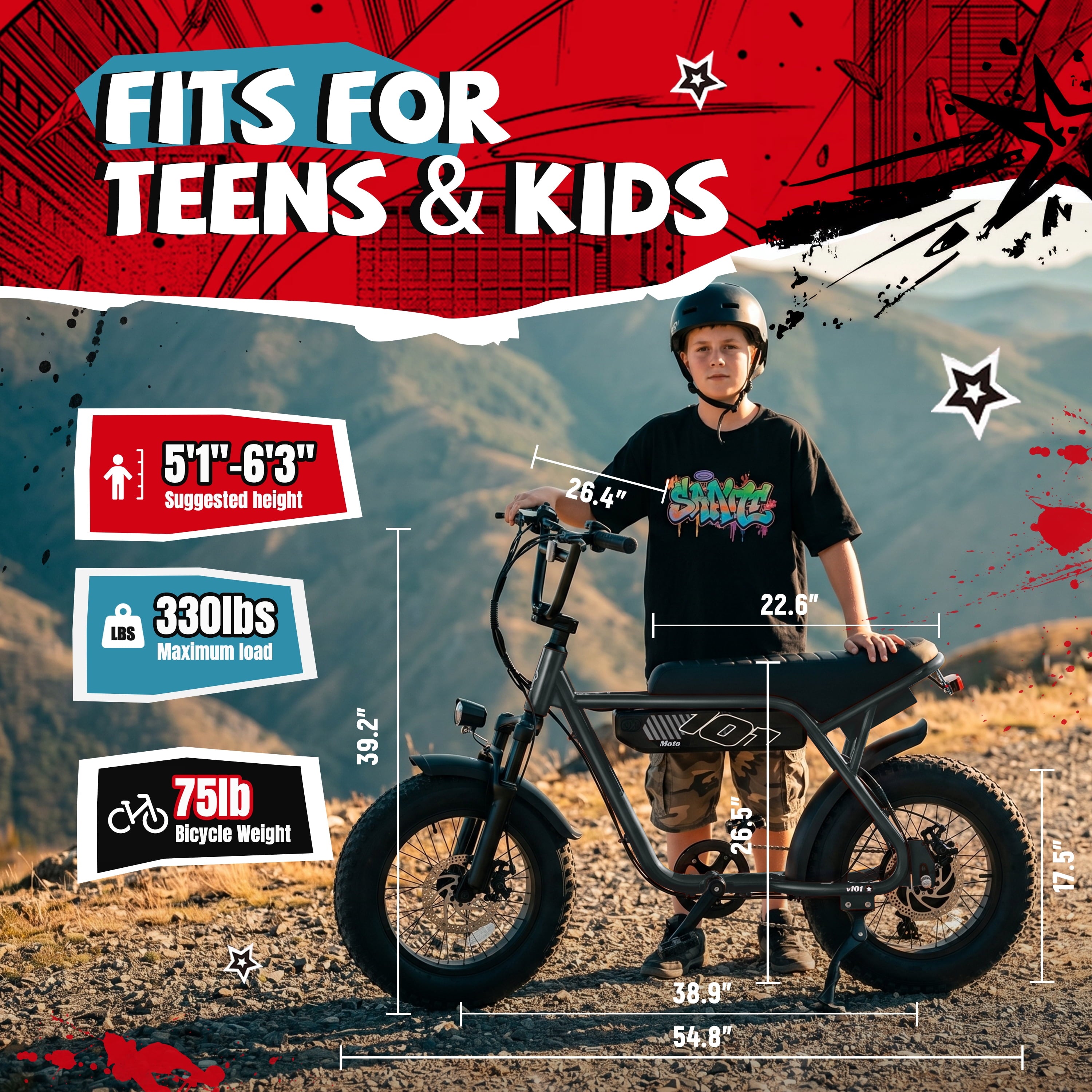 ESKUTE V101 Electric Bike for Adults & Teens 750W Peak 1500W, 28MPH, 48V 13Ah Battery, 16x4.0 Fat Tire E-Bike, 7-Speed, Front Suspension, All-Terrain Ebike Black, UL2849 Electric Bikes