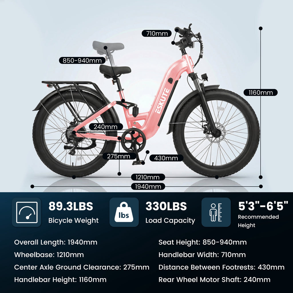 ESKUTE 1500W Electric Bike for Adults – 32 MPH, 80-Mile Range, 48V 20.8Ah Battery, 26x4.0 Fat Tires, Full Suspension, Step-Thru, 8-Speed – Pink Electric Bikes