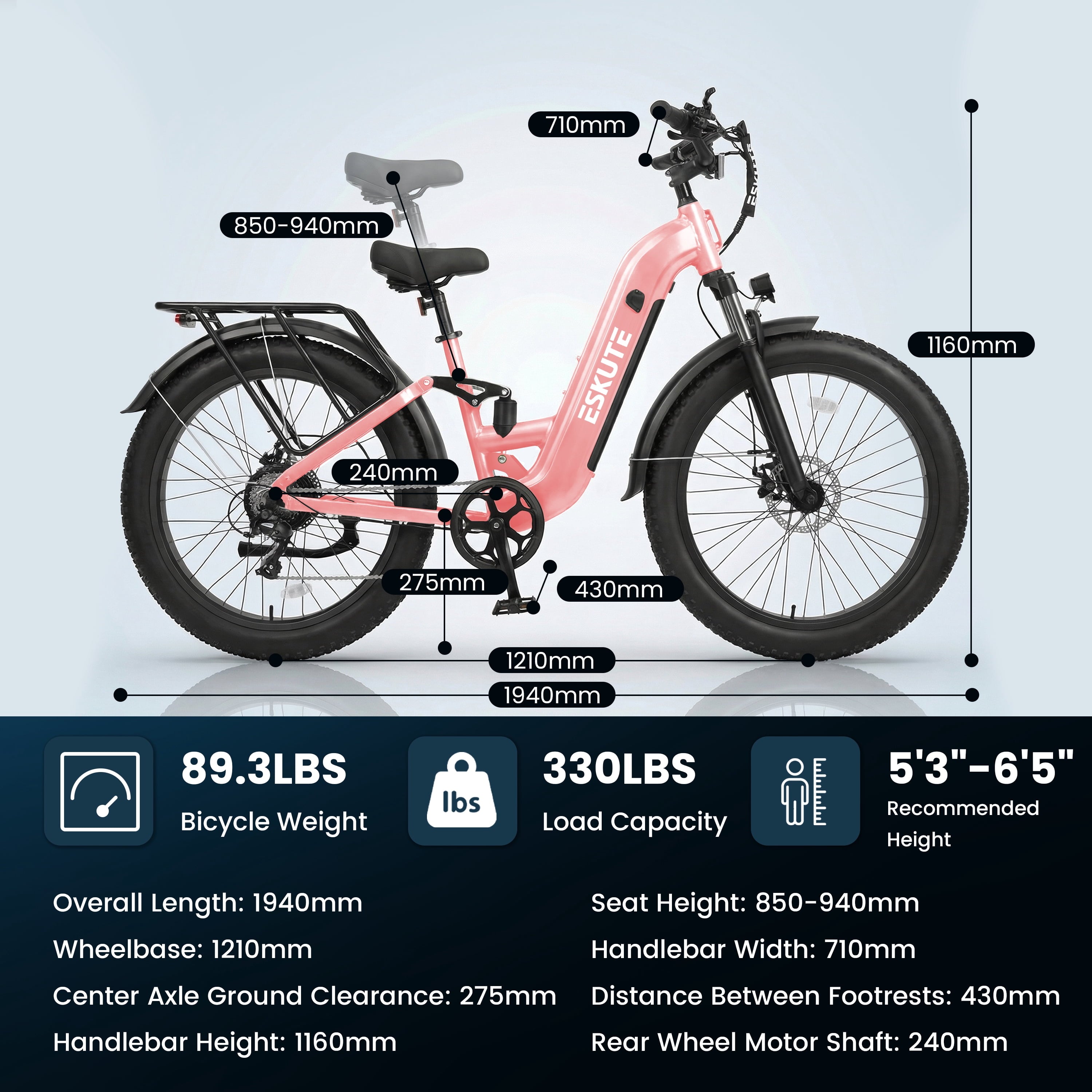 ESKUTE 1500W Electric Bike for Adults – 32 MPH, 80-Mile Range, 48V 20.8Ah Battery, 26x4.0 Fat Tires, Full Suspension, Step-Thru, 8-Speed – Pink Electric Bikes
