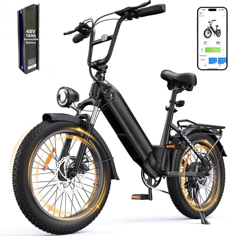 750W Electric Bike,20 Fat Tire E-Bike,48V 18Ah Removable Battery,28MPH,Front Suspension & Shimano 7-Speed,Black Electric Bikes