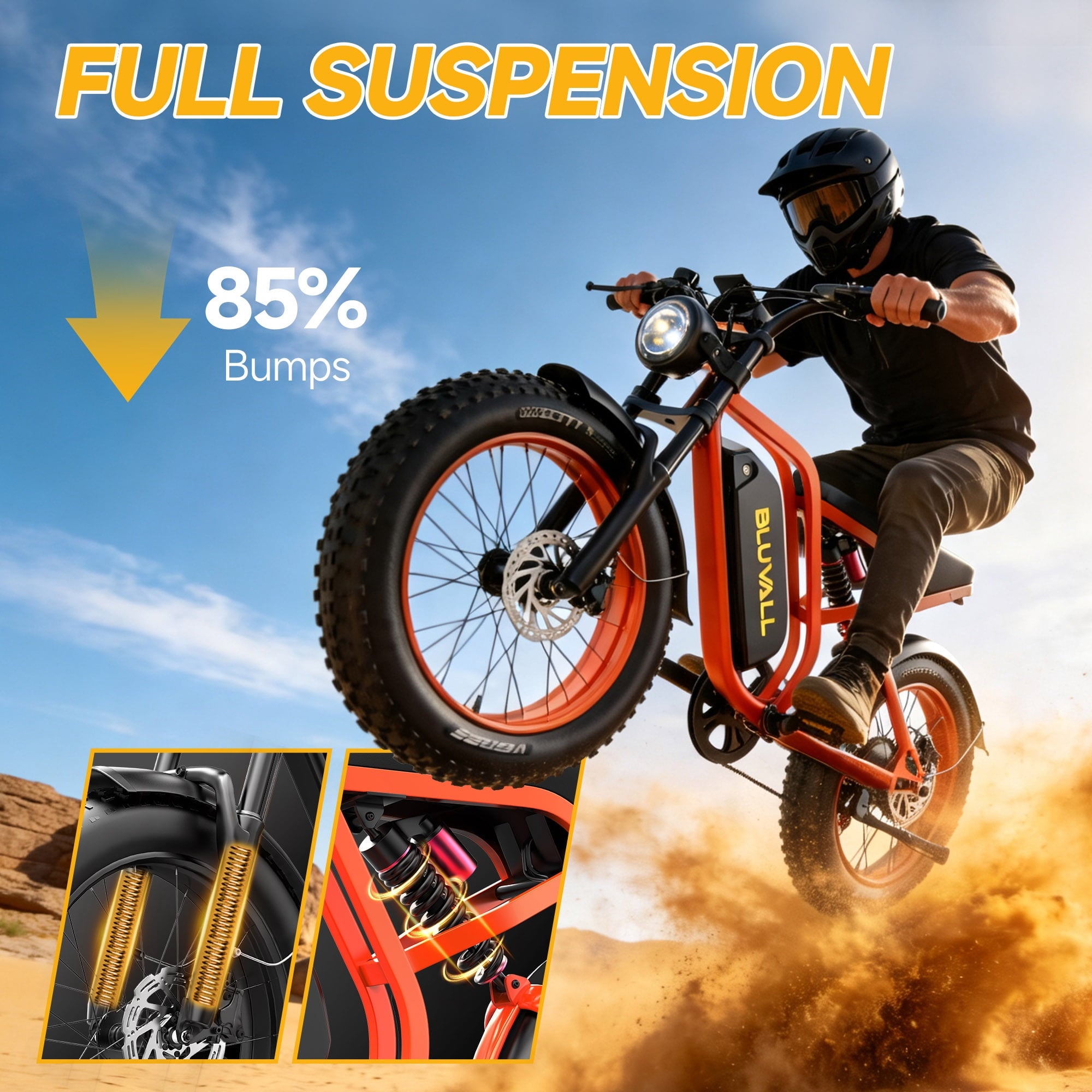 Bluvall 20'' Fat Tire Electric Mountain Bike for Adults,Peak 1000W 48V 16Ah,31MPH High-Speed,All-Terrain E-Bike with Full Suspension for Trail & Off-Road Riding UL2849 Electric Bikes