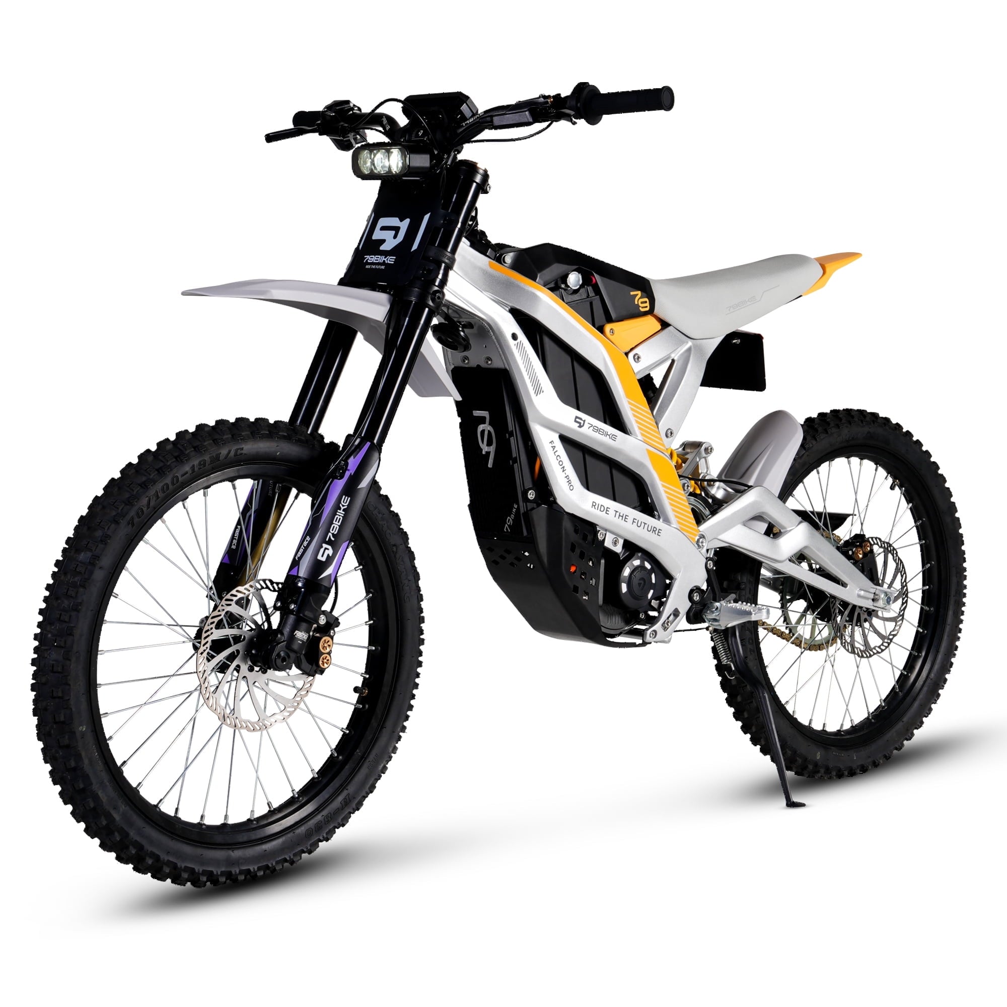79BIKE Falcon Pro 5000W Electric Dirt Bike for Adults, Off-Road Ebike for Adults with 72V 35AH Battery & All-Terrain 19 Tire 56MPH Silver Yellow Electric Bikes