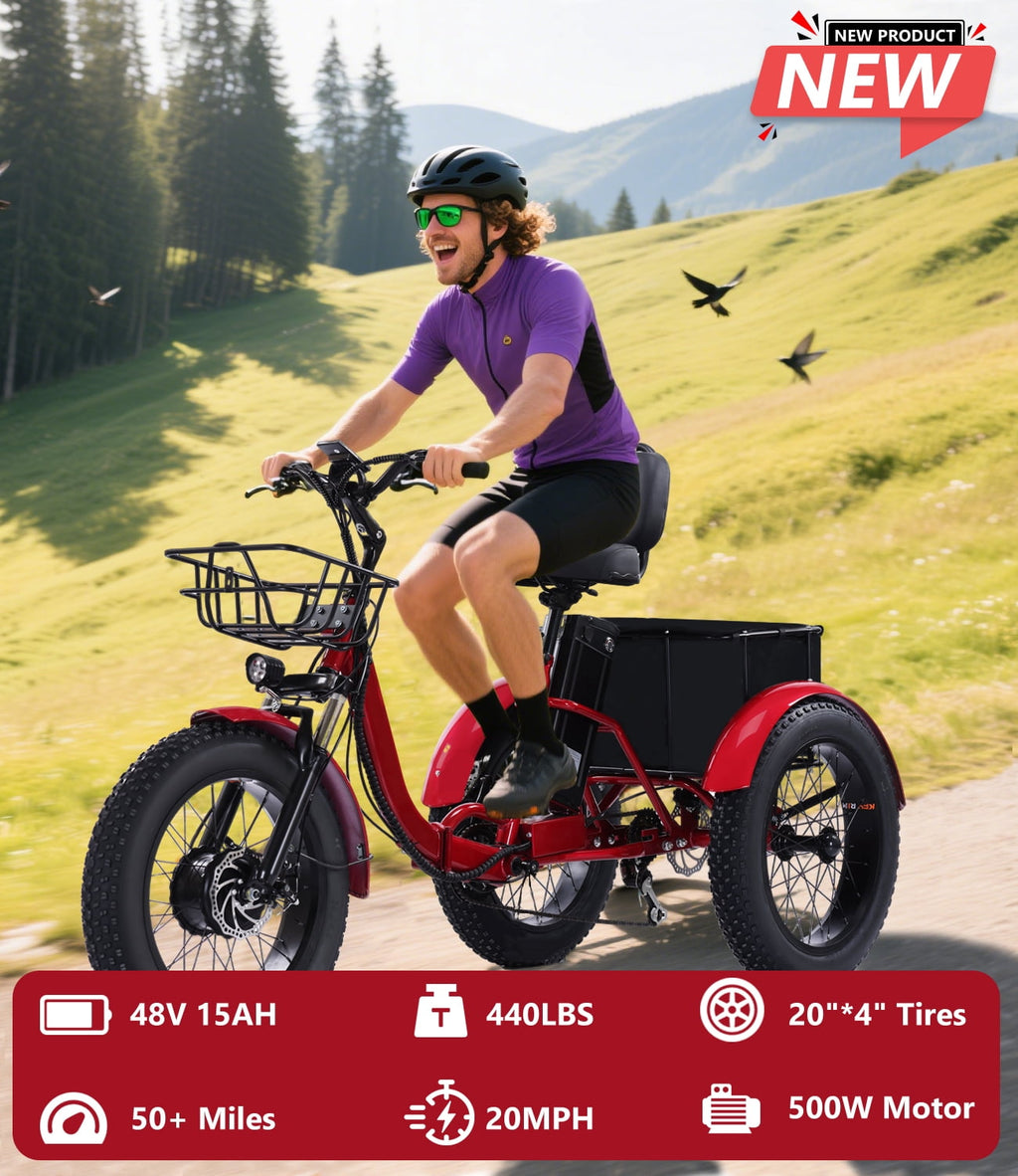 EASINGO Electric Tricycle for Adults 500W Motor 7 Speed 3-Wheel with 20×4.0 Fat Tire, Rear Basket, Lithium Battery Max 15MPH E-Tricycle Red Electric Bikes
