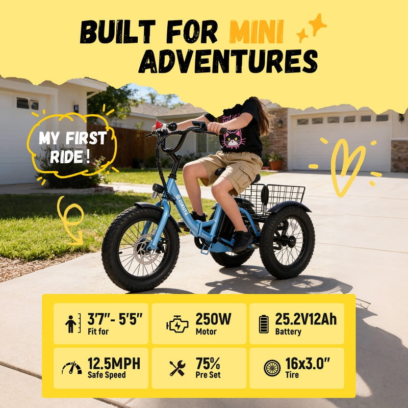 ESKUTE T300mini Electric Tricycle for Beginners, 16 x 3.0 Fat Tire Folding 3-Wheel E-Bike, 500W Peak Motor, 302Wh Battery, Step-Thru, 12.5 MPH, Blue, UL2849 Electric Bikes