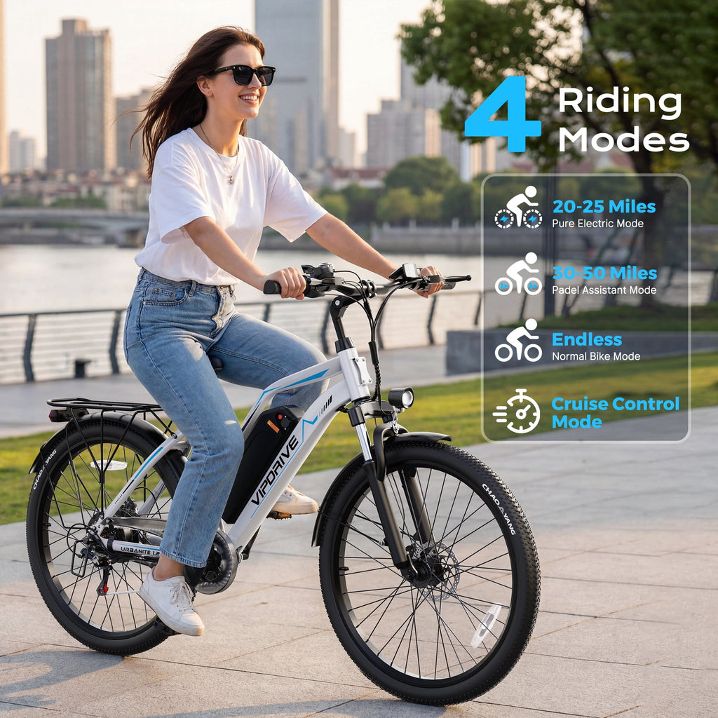 VIPDRIVE 26 Electric Bicycle for Adults & Women, Peak 750W Motor E-Bikes, 48V 7.8Ah Battery, 7-Speed, City Cruiser E-Bike, LCD Display, 50 Mi Range（UL2849） Electric Bikes