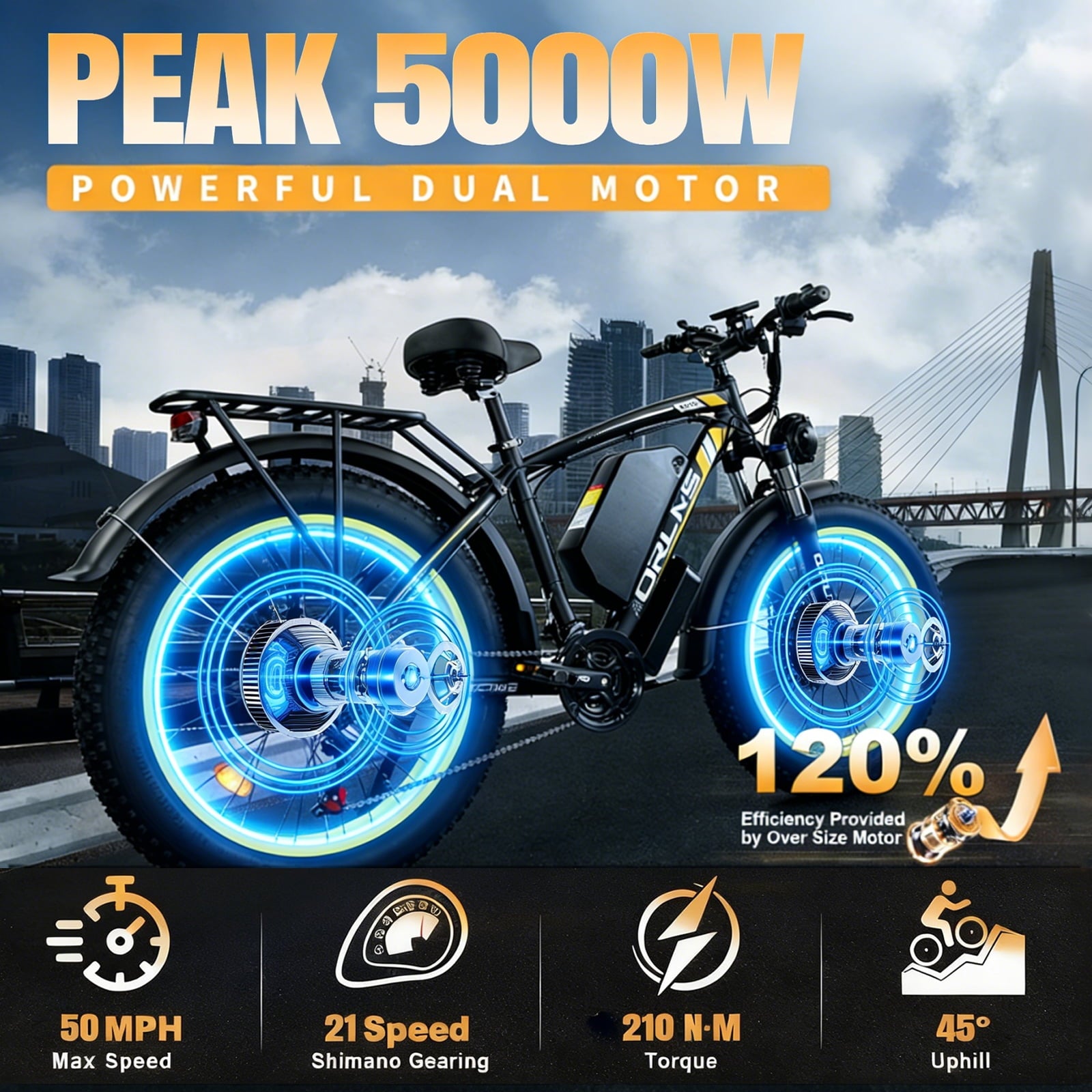 5000W (Peak) Electric-Bike, 60V 25AH Battery Electric Bike for Adults, Dual-Motor-Ebike 45MPH Ebike, 26*4.0 Fat Tire Ebike, AWD 21-Speed E-Mountain Bicycle for Off-Road Snow Sand UL 2849 Electric Bikes