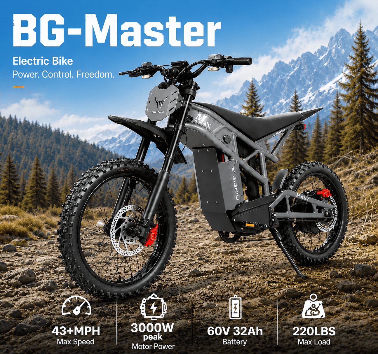BIGNIU BG-Master Electric Bike for Adults, 2000W Rated / 3000W Peak Motor, 60V 32Ah (1920Wh) Removable Battery, UL 2849 Certified, Full Suspension, Up to 43 MPH, Up to 27 Miles Electric Bikes