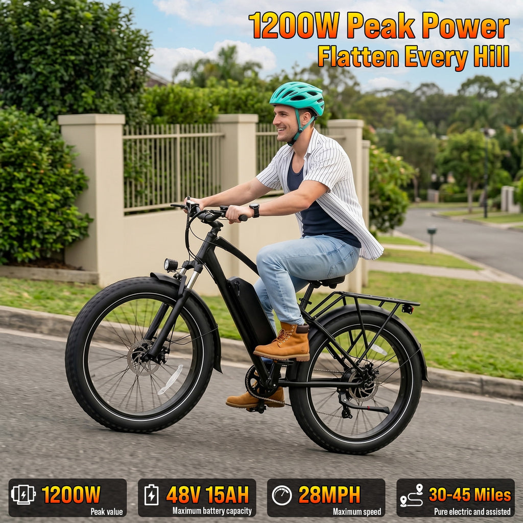 Rexei Yeki 26 Fat Tire EBike, 1200W Electric Bike for Adults, 48V 15AH Battery, 28 MPH Max Speed, 7-Speed , 500 lbs, Front Suspension, Dual Disc Brakes, LCD Display, UL2849 Electric Bikes