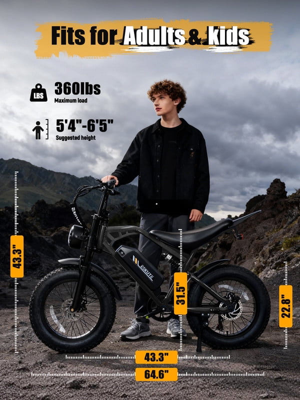 ESKUTE V200 Electric Bike for Adults, Dirt E-Bike 29MPH 48V20.8Ah Battery 80 Miles,20x4.0 Fat Tire, NFC Unlock, 7-Speed Dual Suspension, Black with Rear Rack & Footrests, UL2849 Electric Bikes