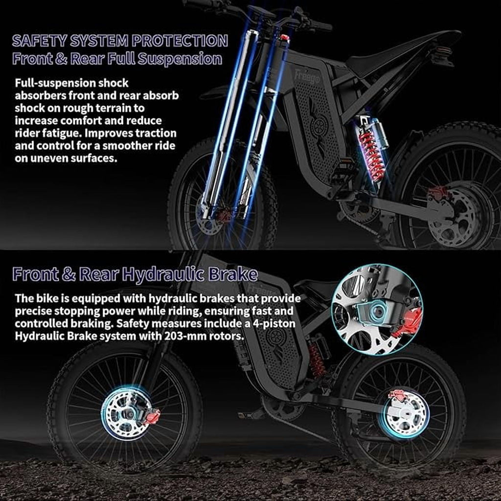 Freego X2Pro 6000W(Peak)Motor 60V 30Ah Battery Electric Motorcycle for Adults,Electric Dirt Bike Teens ,50MPH Off Road Electric Bicycle,19x2 Full Suspension/Four-Piston Hydraulic Brake UL2849 Electric Bikes