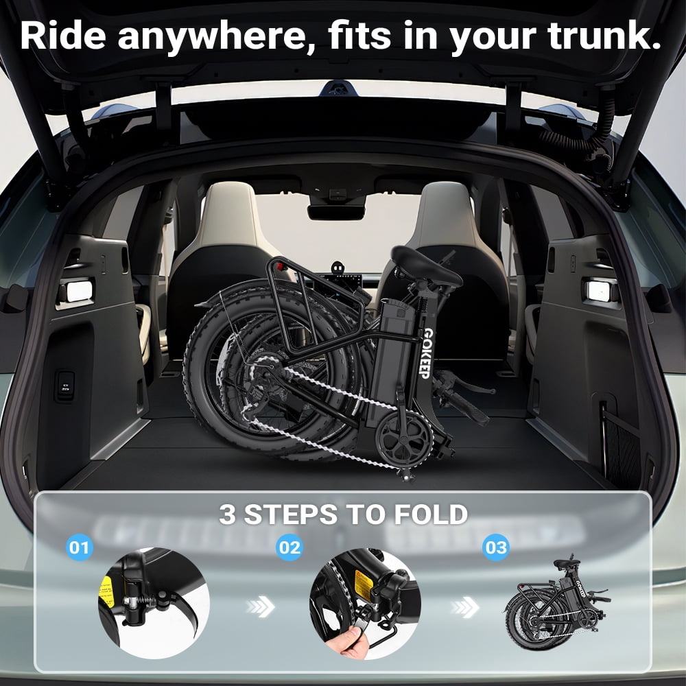 GOKEEP Folding Electric Bike for Adult, 52V 13Ah Removable Battery, 20 Fat Tire & Front Suspension Electric Bicycles, 7-Speed Commuter Ebike, UL2849, Black Electric Bikes