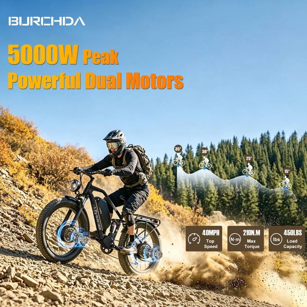 Electric Bike for Adults 5000W Dual Motor AWD 40MPH 210Nm Torque 52V 30Ah 90 Miles 26 Fat Tire Off Road E Mountain Bike Full Suspension Dual Hydraulic Brakes UL2849 Electric Bicycles Electric Bikes