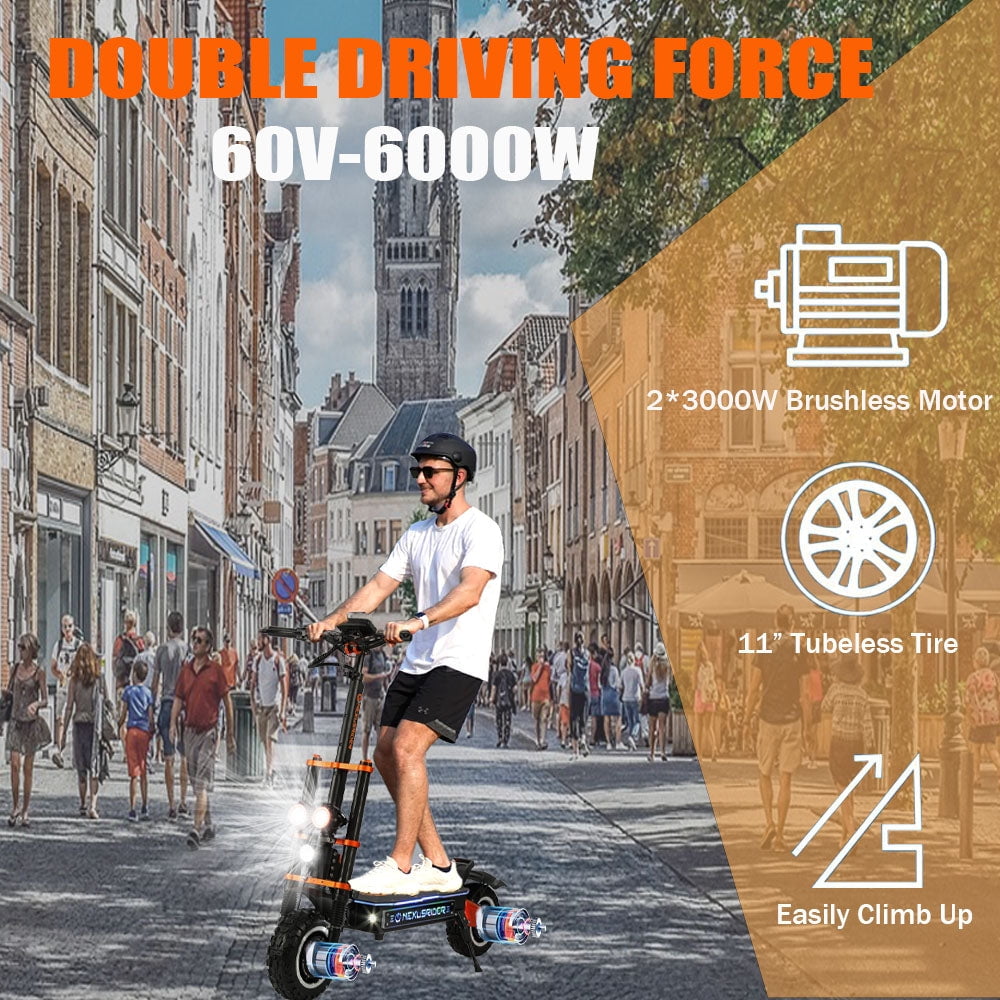 Adults Electric Scooter 6000W Dual Motor Up to 58 mph, 60 Miles Range, 60V35Ah Battery, C-Type Dual Suspensions 11 All Terrain Tires Adjustable Handlebar, NFC and Detached Seat, Foldable, Sport Electric Bikes