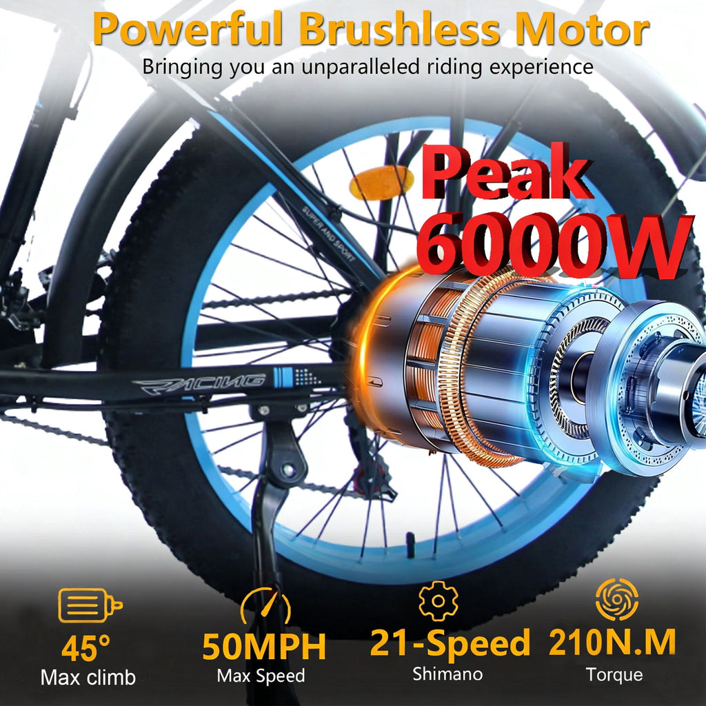 6000W Peak Dual Motor Ebike, 60V 25AH Battery Electric Bike for Adults,AWD 21-Speed 50MPH Mountain Snow E-Bike with 26 x 4.0 Fat Tire, Long Range Mountain Dirt Bike for Off-Road Snow Sand Electric Bikes