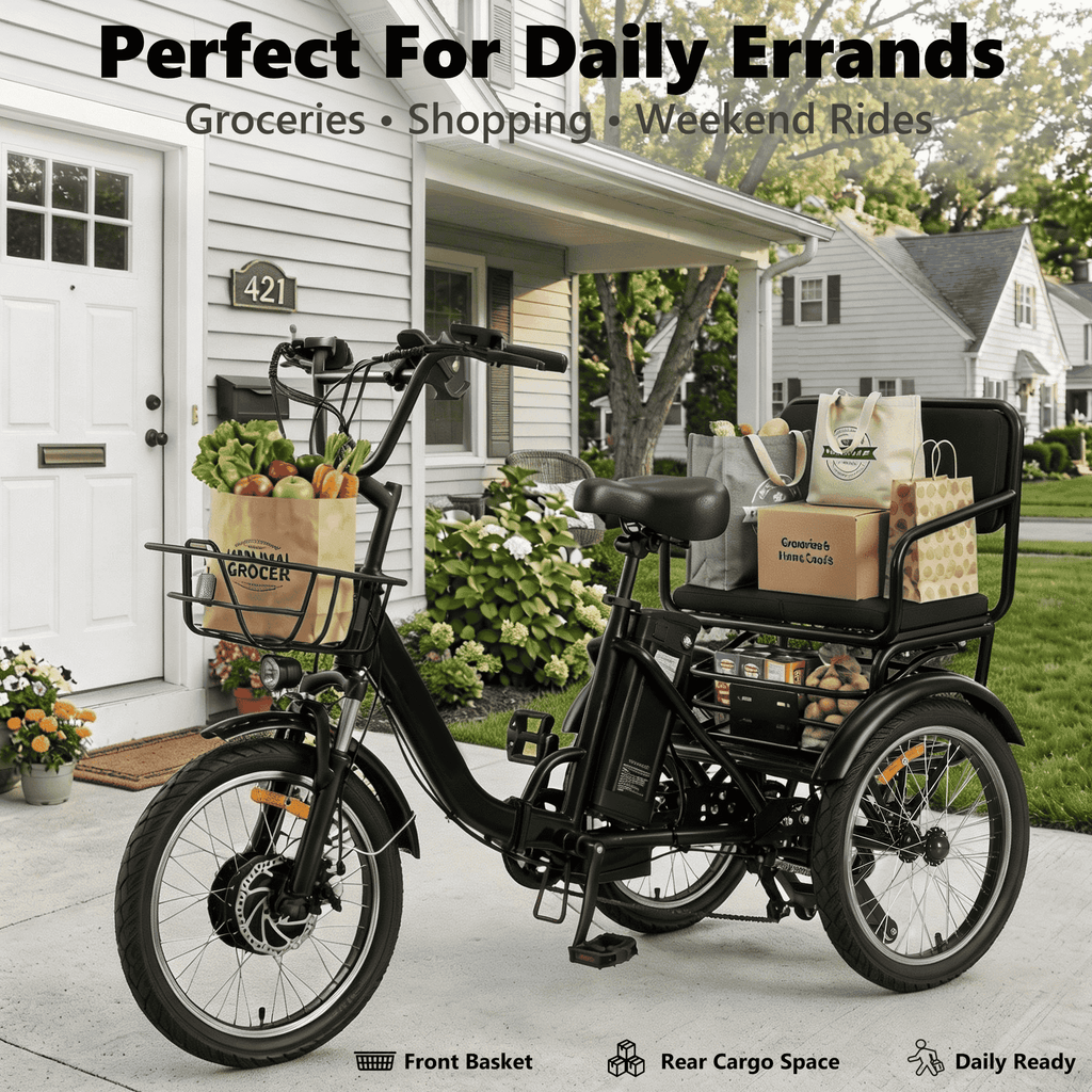 NOMIGO Two-Seat Electric Tricycle for Adults, Foldable 3 Wheel E-Bike for Errands with Rear Seat, Large Baskets and 48V Battery Electric Bikes