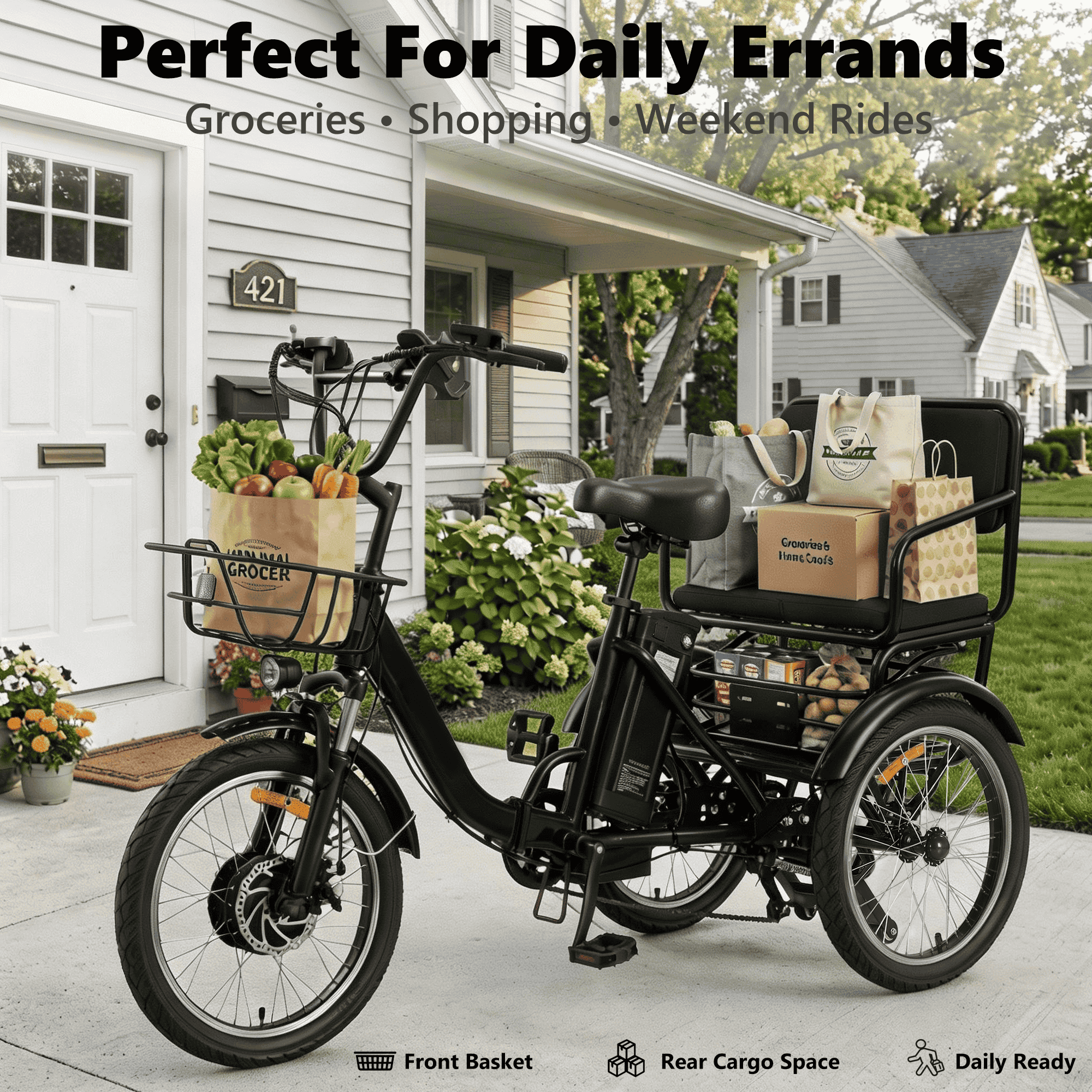 NOMIGO Two-Seat Electric Tricycle for Adults, Foldable 3 Wheel E-Bike for Errands with Rear Seat, Large Baskets and 48V Battery Electric Bikes
