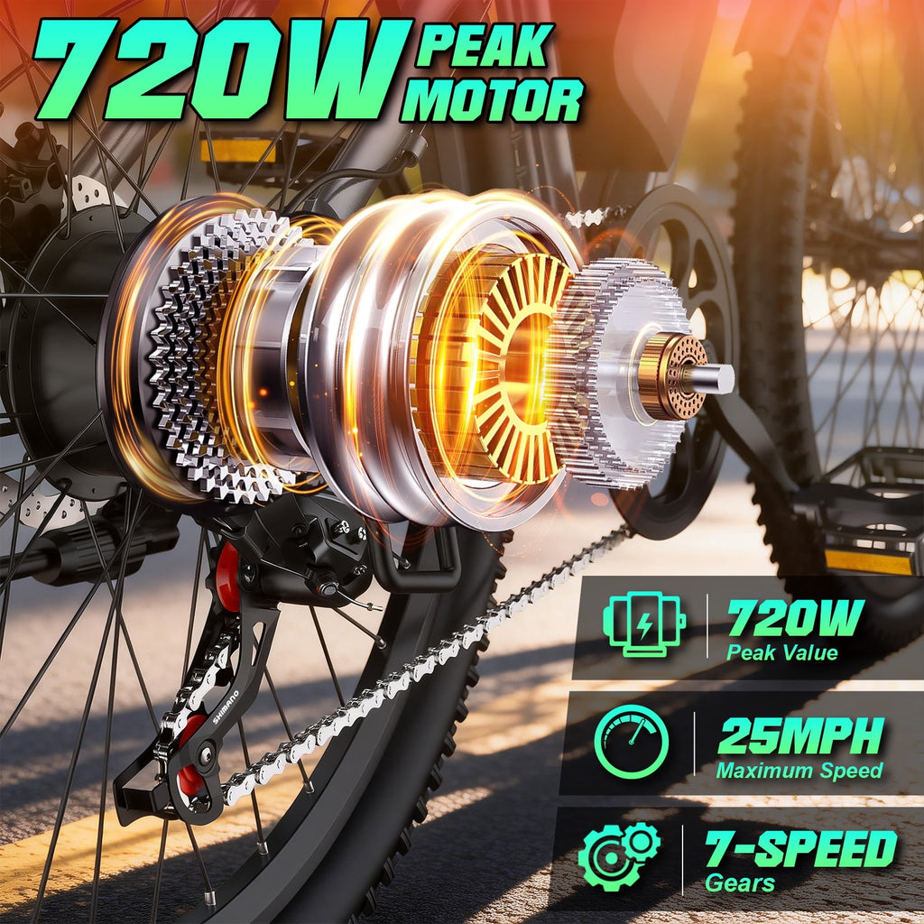Electric Bike for Adults, 26 Commuter Ebikes with 7-Speed Gears, 25MPH, 720W Peak Motor, Removable Battery, 50 Miles Range, Electric Mountain Bicycle for All Terrain UL2849 Electric Bikes