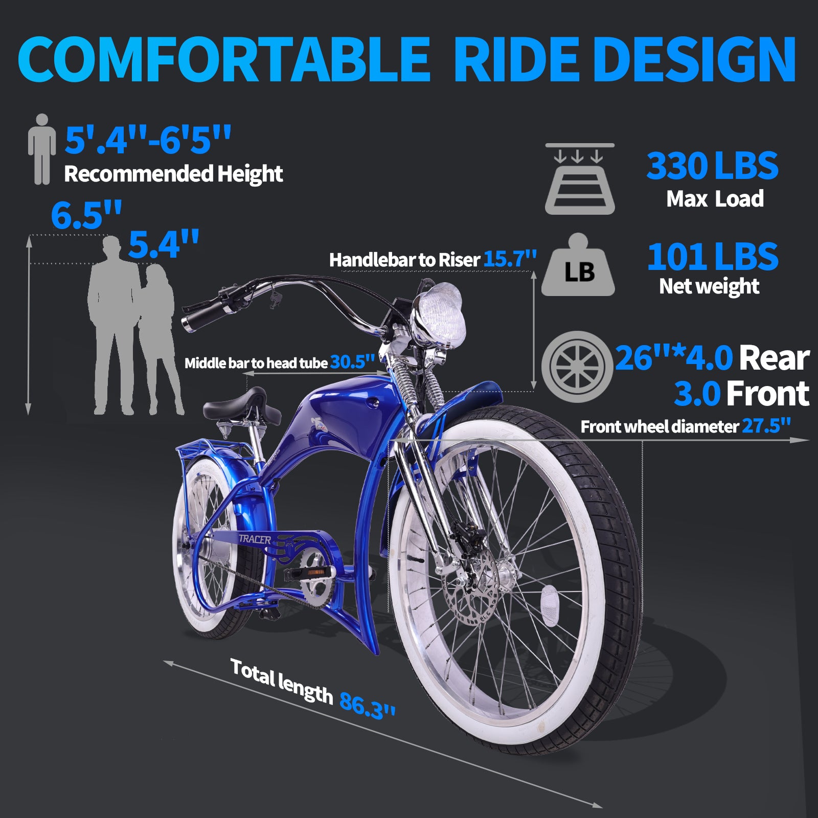 Tracer Twenty5 DS Cruiser E-bike, 26 Wheels, 800W Rear Motor, 48V/17.5Ah Battery, 5 PAS, Supsension Fork, Disc Brake, for Men, Blue Electric Bikes