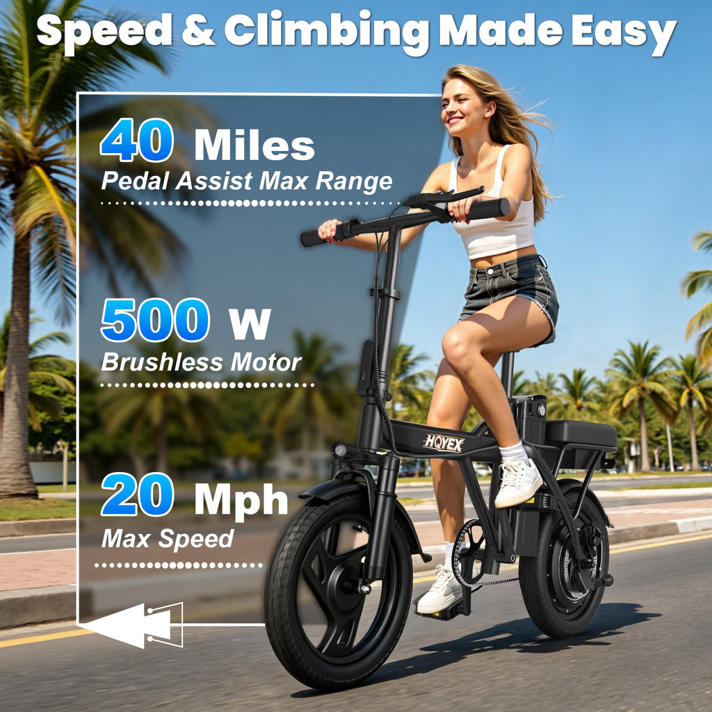 HQYEX HQ14PRO 500W Adult Electric Bicycle, 14 Inch Fat Tire Ebike with 48V 9Ah Rechargeable Battery, Max Speed 22MPH, Dual Brakes & Full Suspension, Adjustable Seat, Perfect for Commuting E Bike Electric Bikes