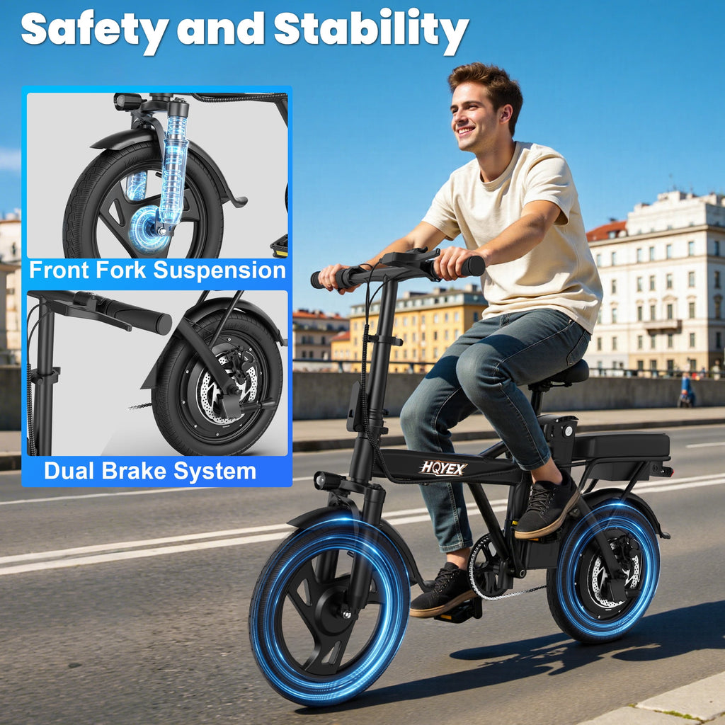 HQYEX HQ14PRO 500W Adult Electric Bicycle, 14 Inch Fat Tire Ebike with 48V 9Ah Rechargeable Battery, Max Speed 22MPH, Dual Brakes & Full Suspension, Adjustable Seat, Perfect for Commuting E Bike Electric Bikes