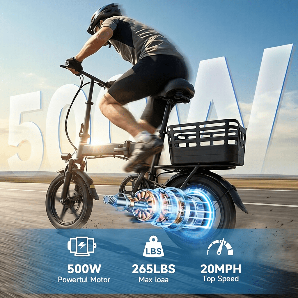 XLNEFNZ 14 Folding Electric Bike for Teens and Adults, 500W Peak Brushless Motor, 432Wh Hidden Anti-Theft Battery, 20MPH 35 Miles, Rear Basket Lightweight Ebike, UL2849 Electric Bikes