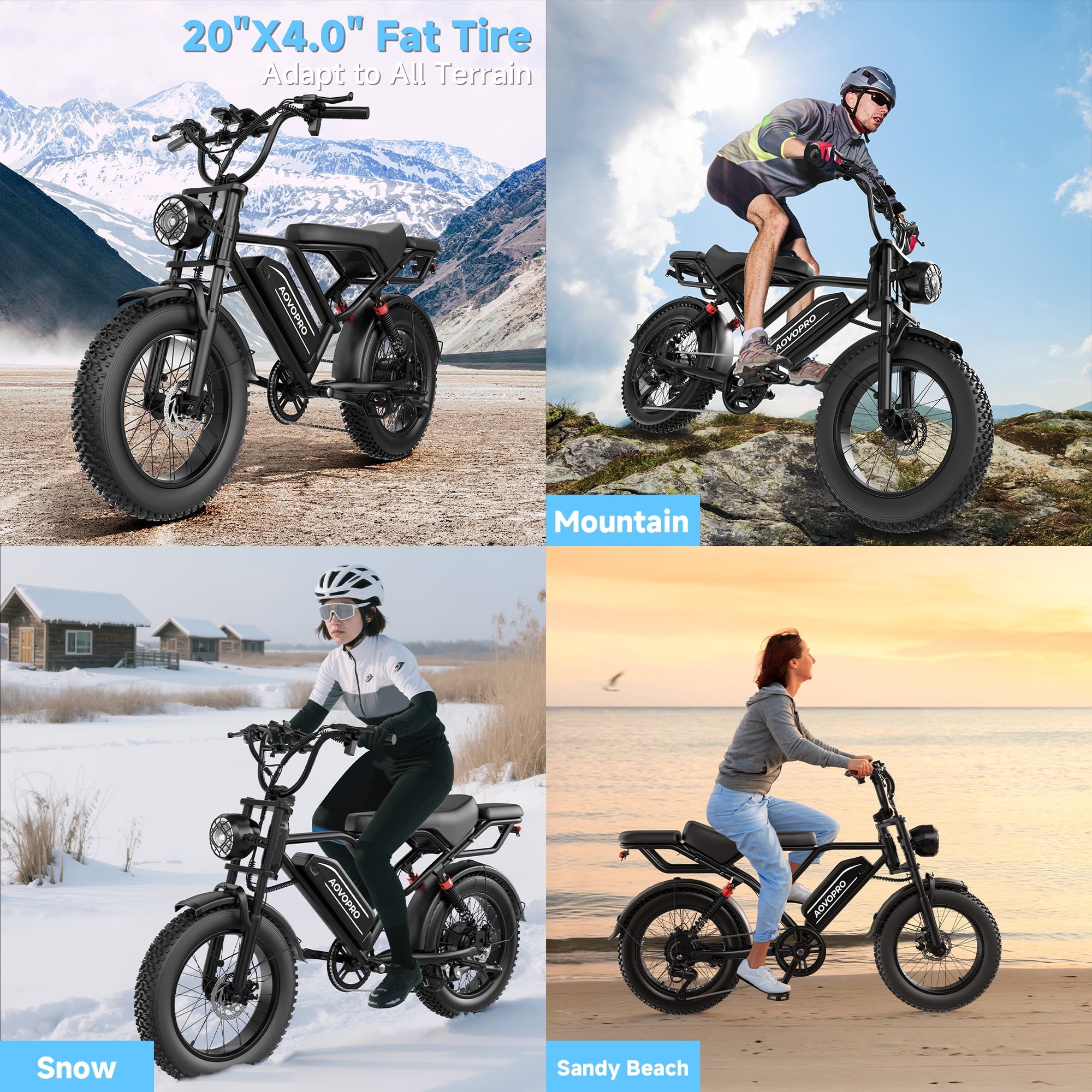 AOVOPRO AP20 Electric Bike for Adults 20 X 4.0 Fat Tire, 750W Off-Road E Bike, E-Mountain Bike 48V 18AH UL2849 Electric Bikes