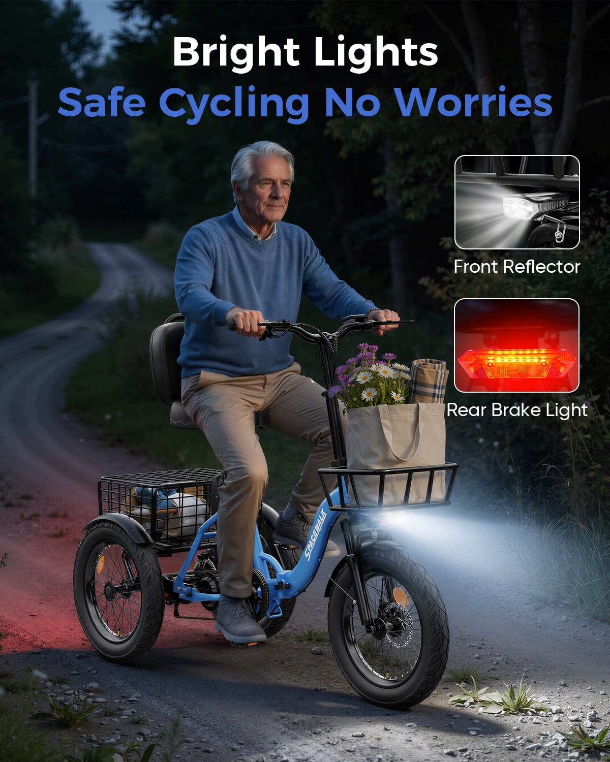 SPACEWALK Adult 3 Wheel Electric Tricycle, 18×3.0 Fat Tires, 48V 15AH battery 700W Peak Motor Up to 60 Miles Range, 18 MPH Adjustable Backrest Electric Bikes Electric Bikes