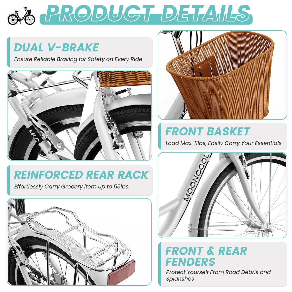 MOONCOOL 24/26 Inch Cruiser Bike for Women, 7 Speed Step-Through Bicycle with Basket, Rear Rack & Lock, Retro City Bike for Adults Electric Bikes