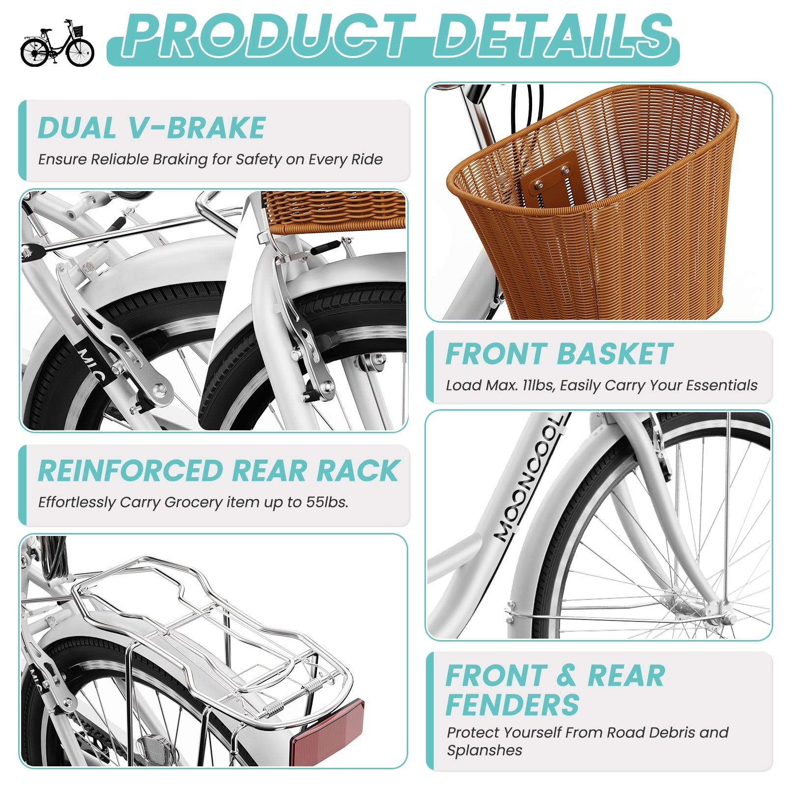 MOONCOOL 24/26 Inch Cruiser Bike for Women, 7 Speed Step-Through Bicycle with Basket, Rear Rack & Lock, Retro City Bike for Adults Electric Bikes