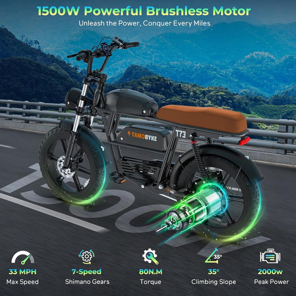T73 Max Electric Bike for Adults, 48V 36Ah Large Battery, 1500W Powerful Motor 33MPH, 20×4 Fat Tire E-Mountain Bike Off-Road, UL2849 Electric Bicycle Electric Bikes