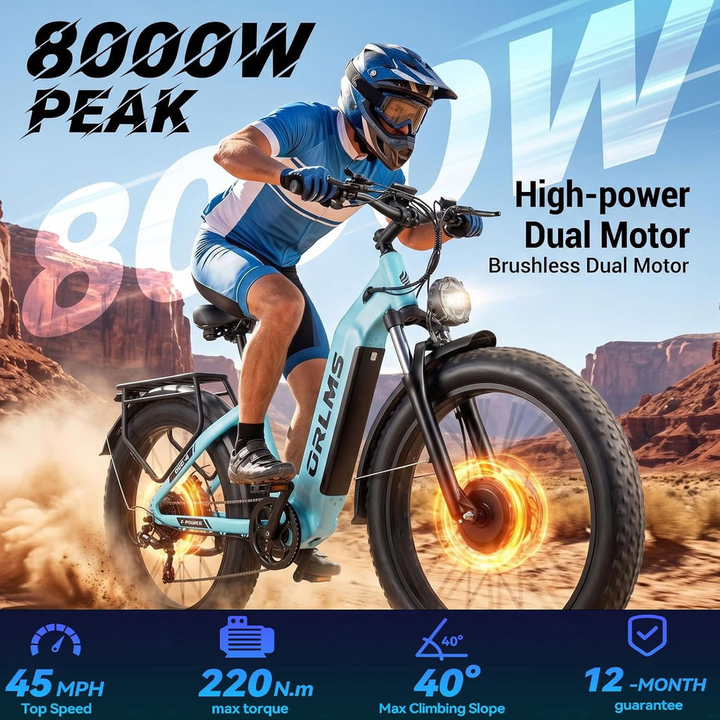 Dual Motor Electric Bike for Adult, 26 x4 Fat Tire Electric Bike, Up to 8000W Peak, 52V 23Ah Built-in Lithium Battery, Up to 45MPH & 105 Miles Range, Off-Road & Urban Riding Electric Bikes