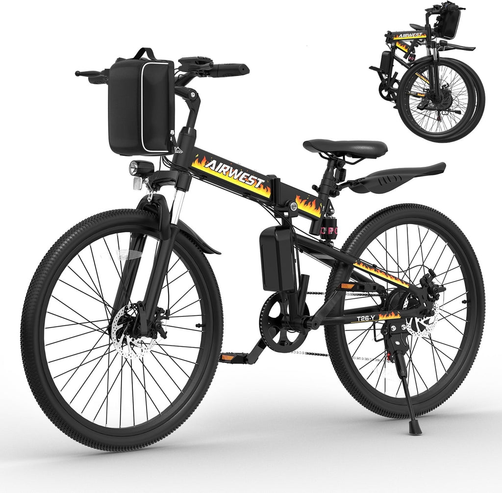 AIRWEST 26 Folding Electric Bike for Adults -Peak 750W Motor, 48V 374.4W Removable Battery, 7-Speed, Dual Suspension，Mountain E-Bike, UL2849 Electric Bikes