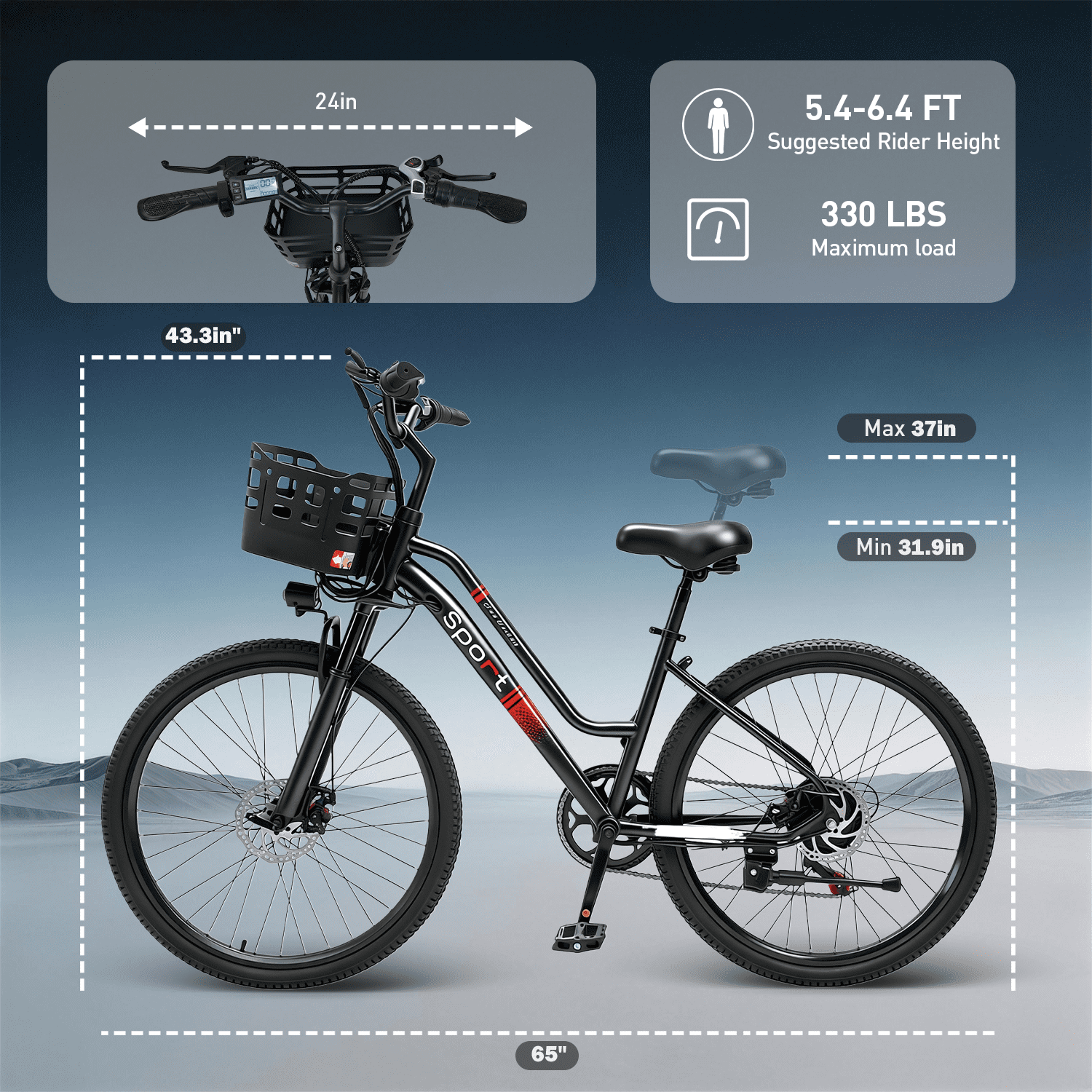 OwnGold Electric Bike with Basket,750W Peak Motor 25MPH 35+ Miles,432Wh Battery,26Commuter Ebike for Adults,7-Speed,UL2849 Electric Bikes