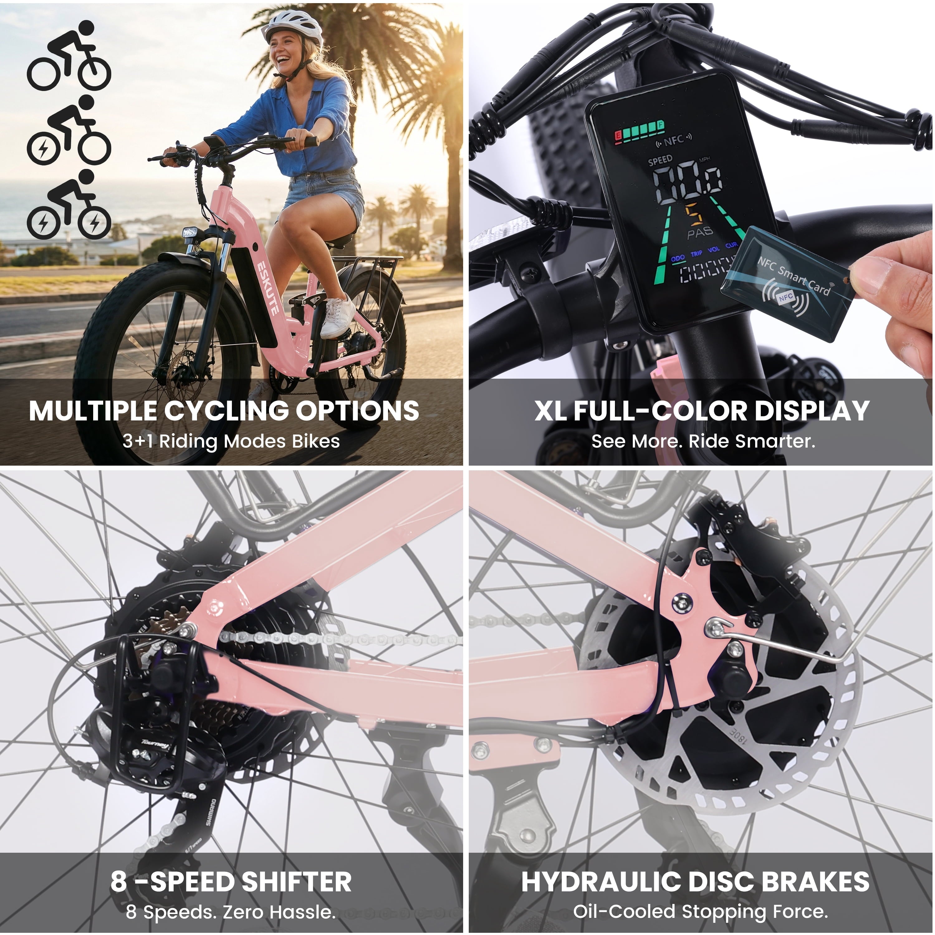 ESKUTE 1500W Electric Bike for Adults – 32 MPH, 80-Mile Range, 48V 20.8Ah Battery, 26x4.0 Fat Tires, Full Suspension, Step-Thru, 8-Speed – Pink Electric Bikes