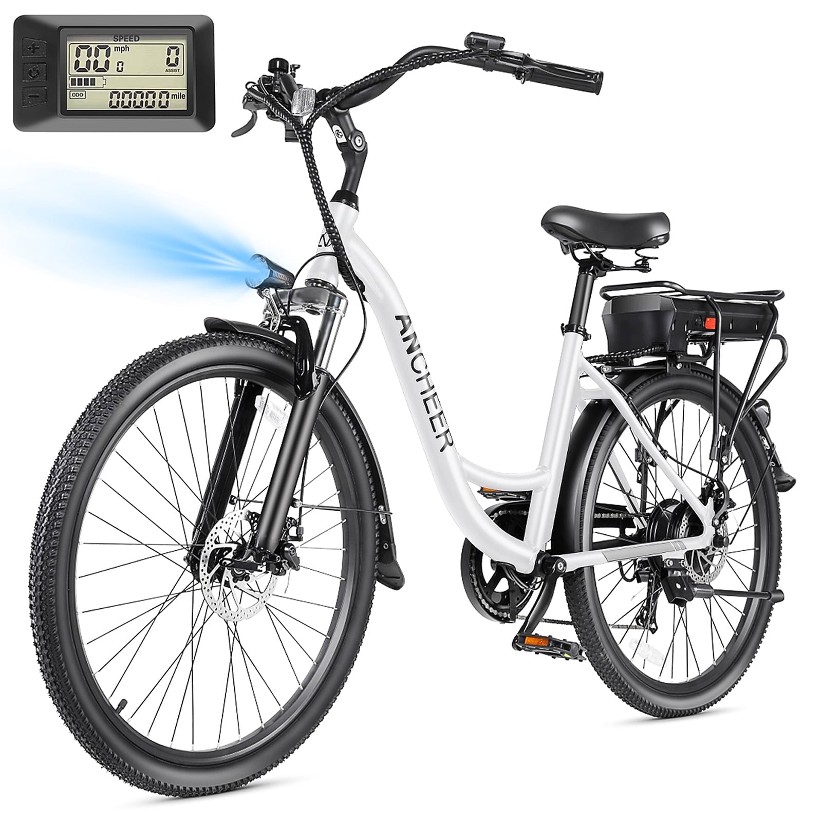 ANCHEER 500W Electric Bike for Adults, 48V 10.4AH EBike, 3.5H Fast-Charge Removable Battery, 26 Commuter Electric Bicycles with 7-Speed, LCD Digital Display, Suspension Fork, Cruise Control UL2849 Electric Bikes