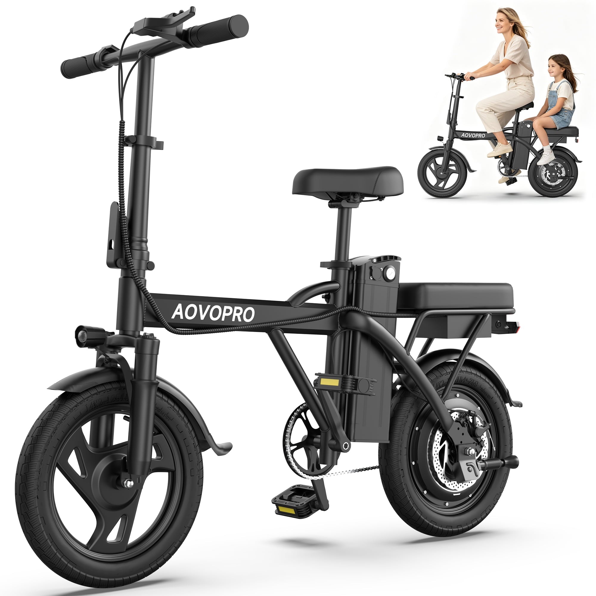 AOVOPRO AHT14 Electric Bike 500W 48V, 14' Mini Ebike for City Commuter, Electric Bicycle for Adult with Two Seats UL2849 Electric Bikes