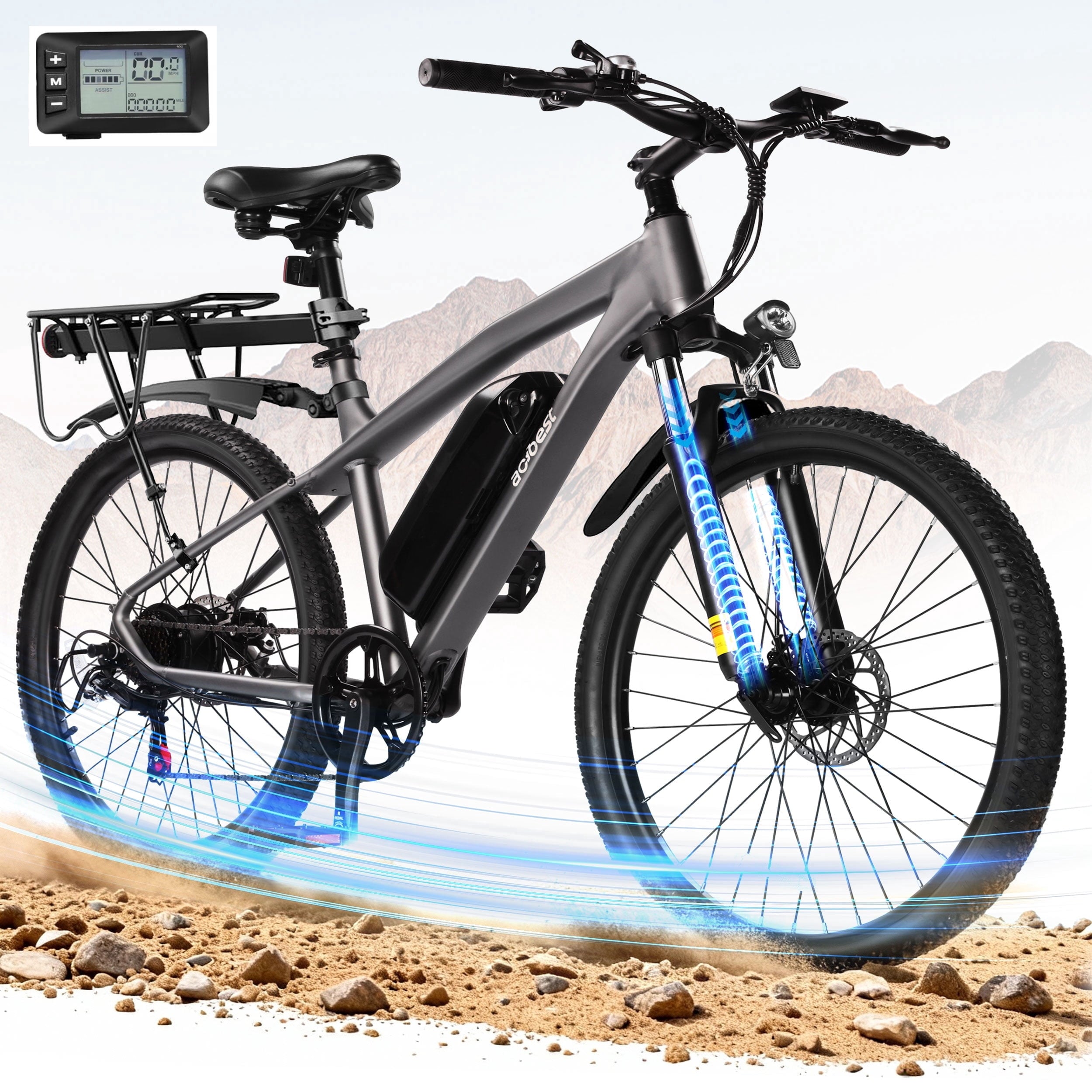 Actbest 27.5 Electric Bike for Adults, 1200W Peak Brushless Motor Up to 28MPH, 499.2WH Removable Battery Electric Mountain Bike, 21-Speed E-Bike with Fork Suspension (Grey) with Fender & Rear Rack Electric Bikes