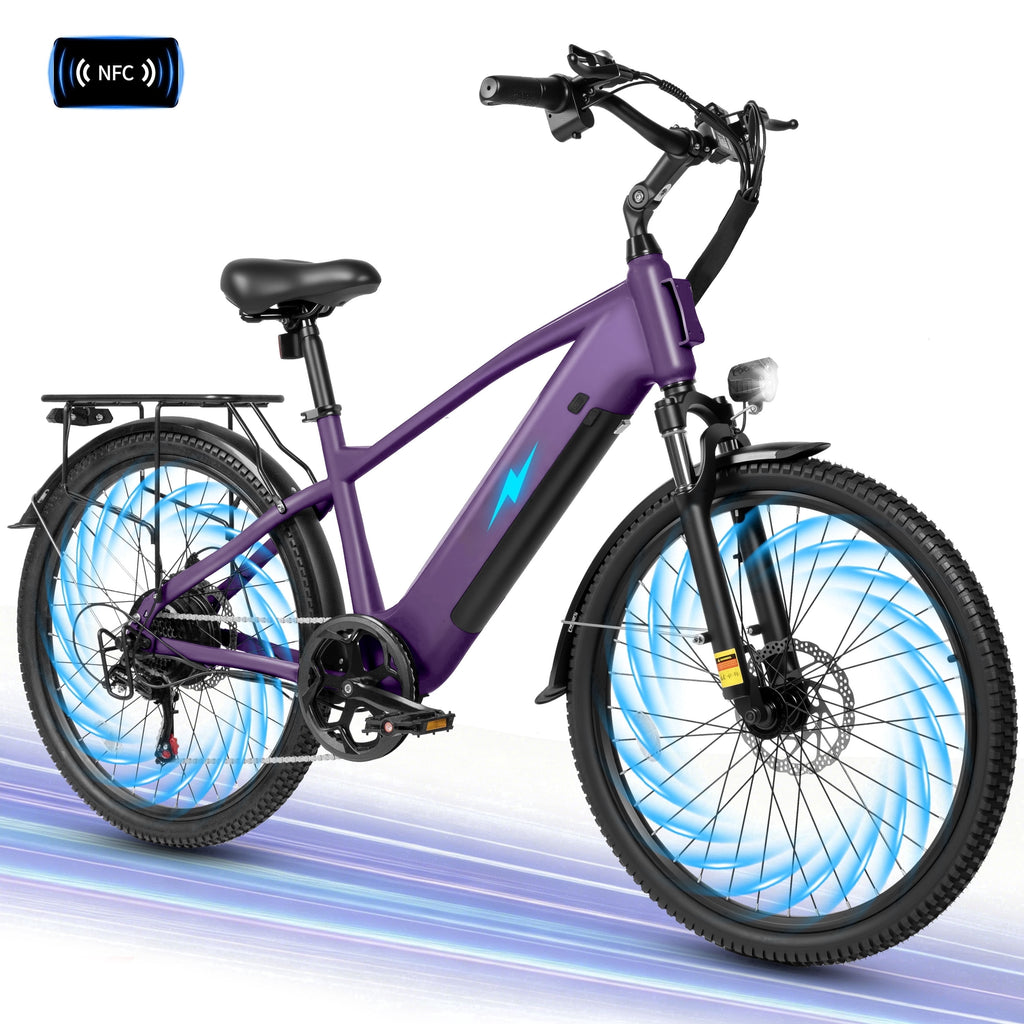 Adult Electric Bike – 70-Mile Range, 1300W Peak Motor, 28MPH, 840Wh Removable Battery, 26 Tires, 7-Speed Adjustable Stem, Step-Over Ebike, Purple Electric Bikes