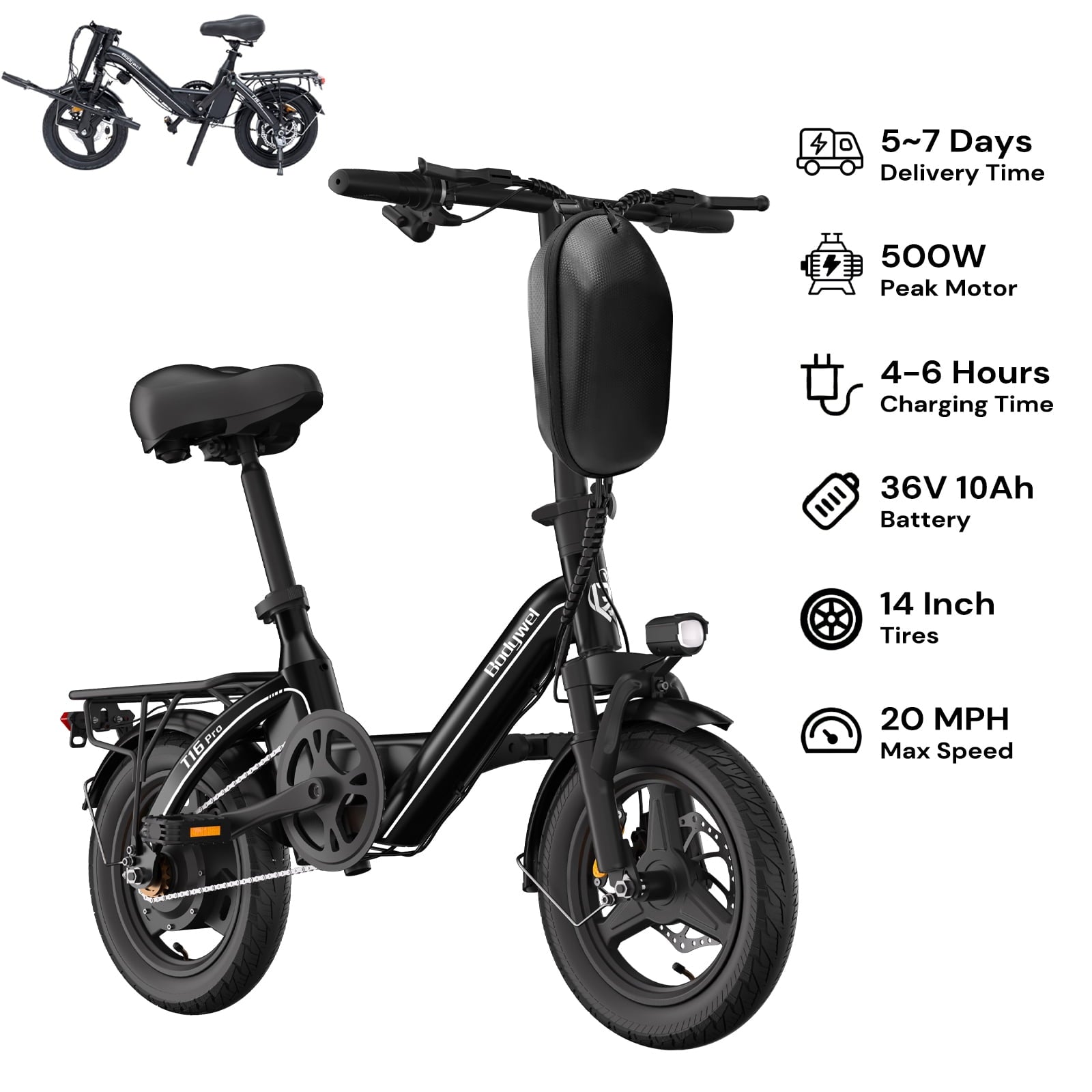 Electric Bike for Adults, Bodywel Electric Bicycle, 36V 10Ah Battery, 14 Folding Ebike for Riders, Peak 500W Motor, Commute E Bike, E-bike, UL2849 Electric Bikes