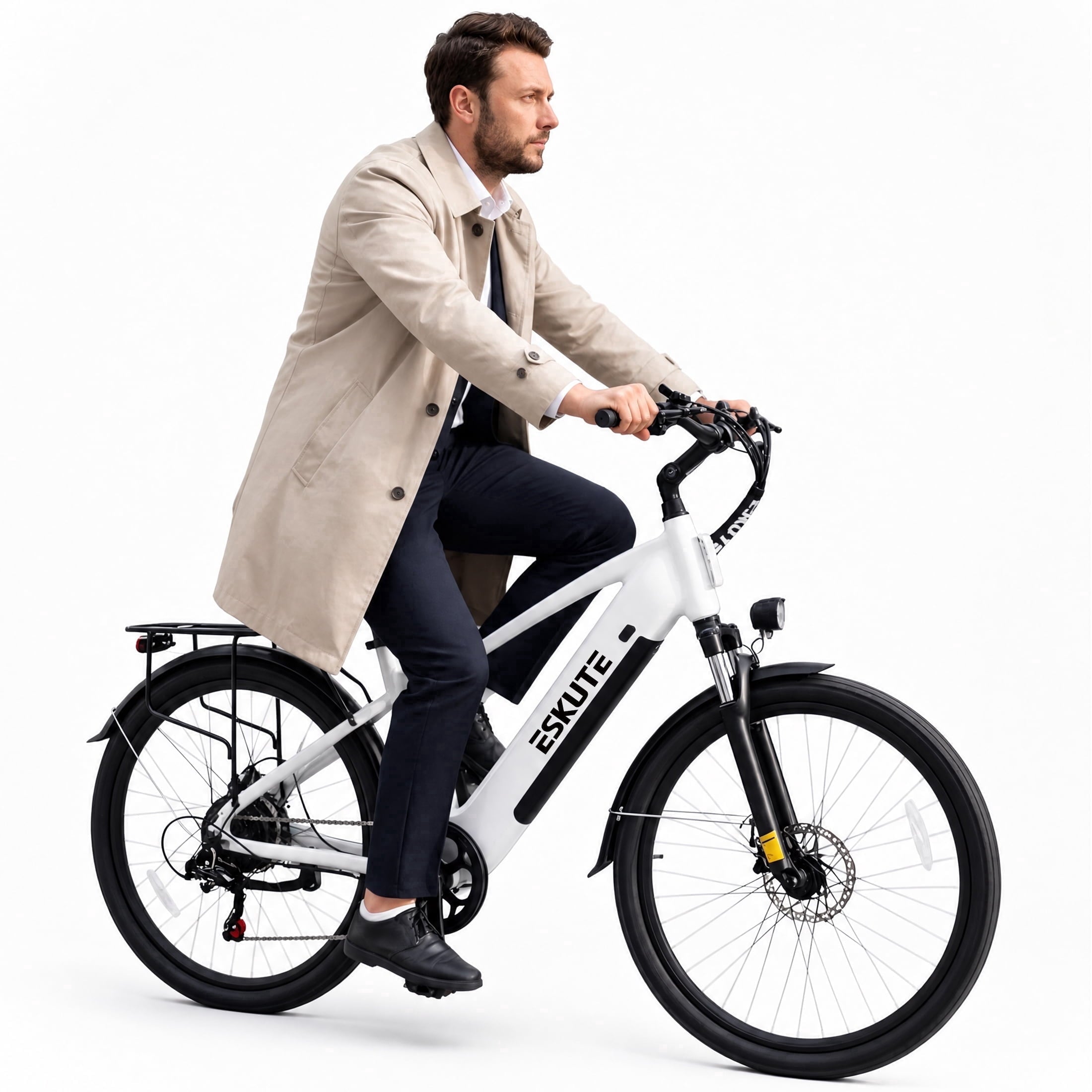 ESKUTE Adult Electric Bike – 70-Mile Range, 1300W Peak Motor, 28MPH, 840Wh Removable Battery, 26 Tires, 7-Speed Adjustable Stem, Step-Over Ebike, White Electric Bikes