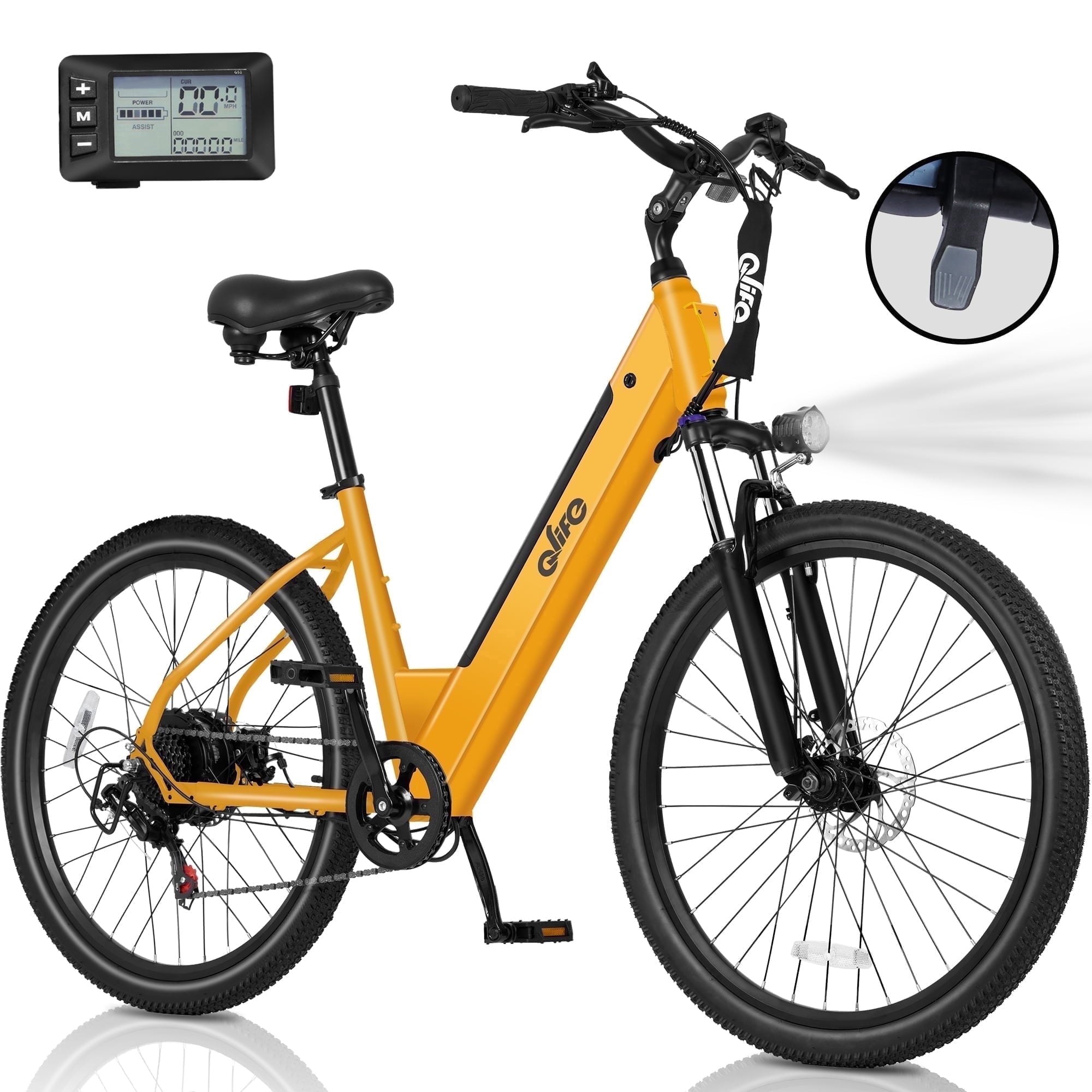 Qlife Electric Bike for Adults,28MPH,1200W Peak Motor 26 Ebike,7-Speed Upgrade 2.0 ElectricBicycle with Front Suspension,(Yellow) Electric Bikes