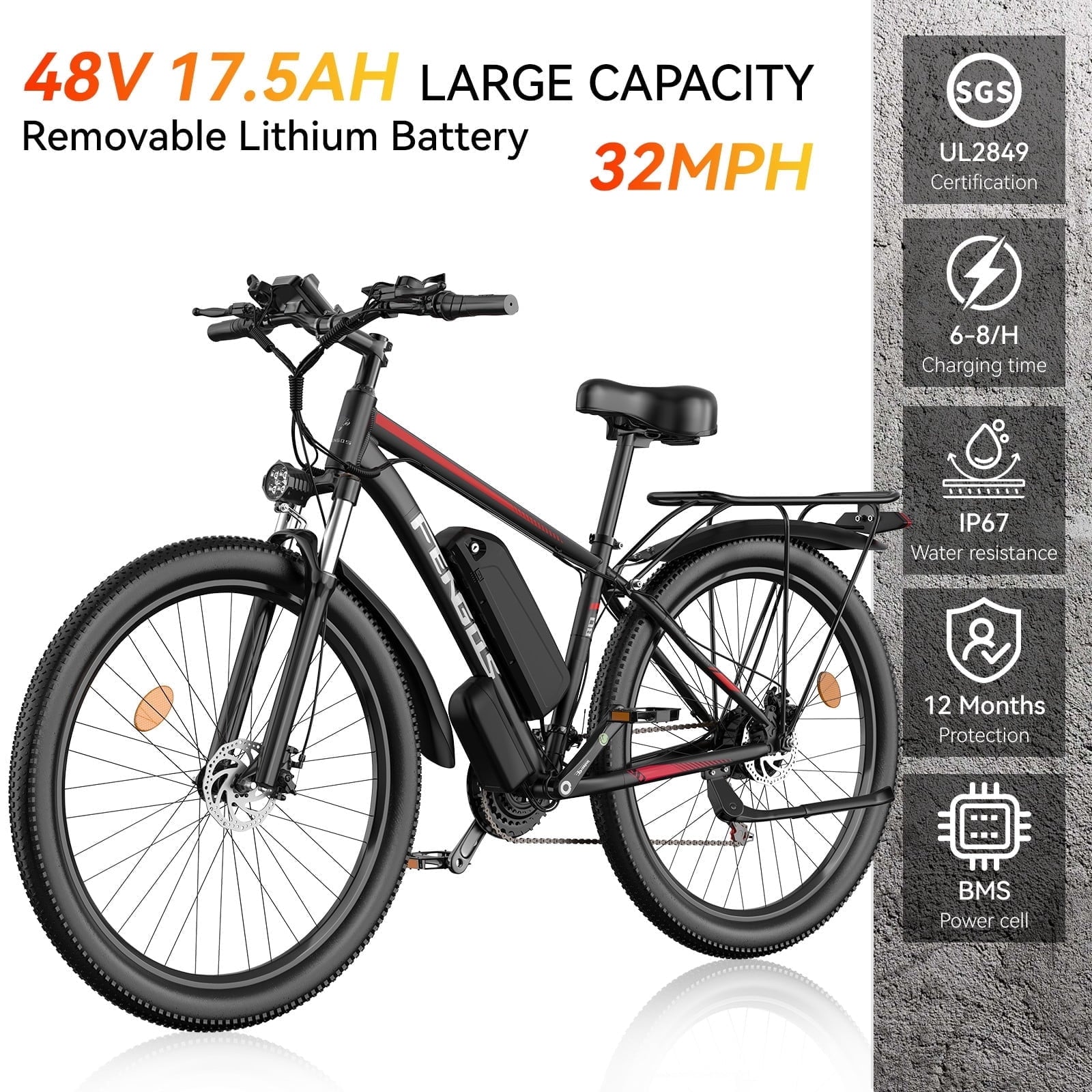 FENGQS Q8 Electric Bike for Adults, Peak 2000W Motor 48V 17.5Ah, 21-Speed Ebike, 80 Mile 35MPH Electric Mountain Bike, Front Suspension, (Red)UL 2849 Electric Bikes
