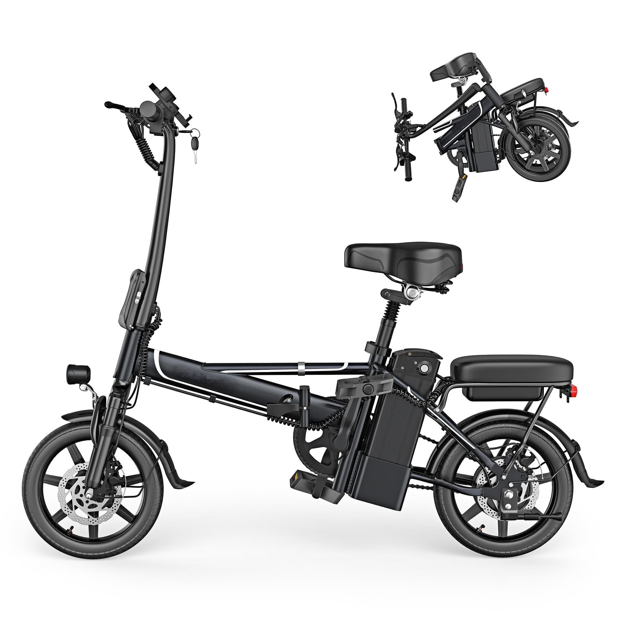 Foldable Electric Bike for Adults and Teens,14 Inch Tire 500W Rear Wheel Drive Motor with 48V 10.4Ah Removable Lithium Battery Two Seats UL2849 Electric Bikes