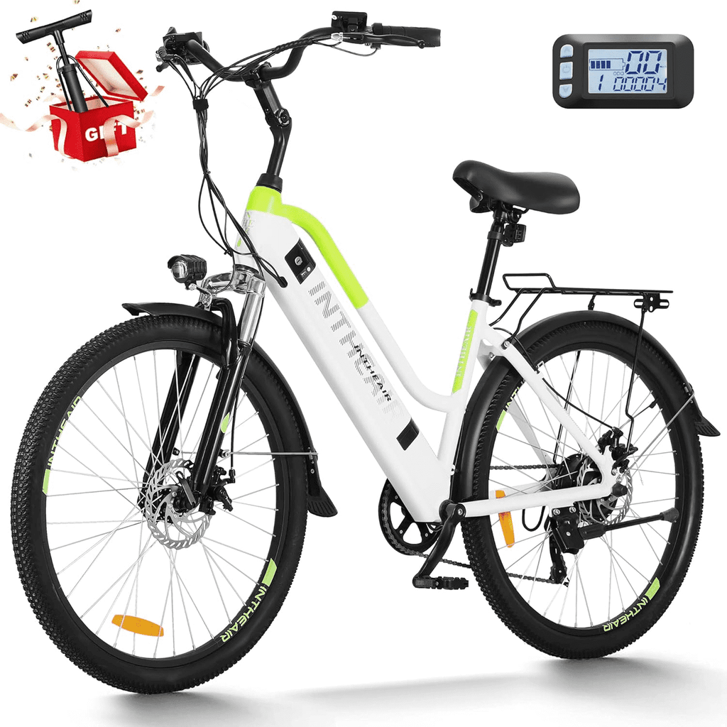 INTHEAIR Adult Electric Commuting Bicycles 500W Ebike, 26 E-bike, 36V 10Ah Removable Battery ELectric Bike for Adults UL2849，White Electric Bikes