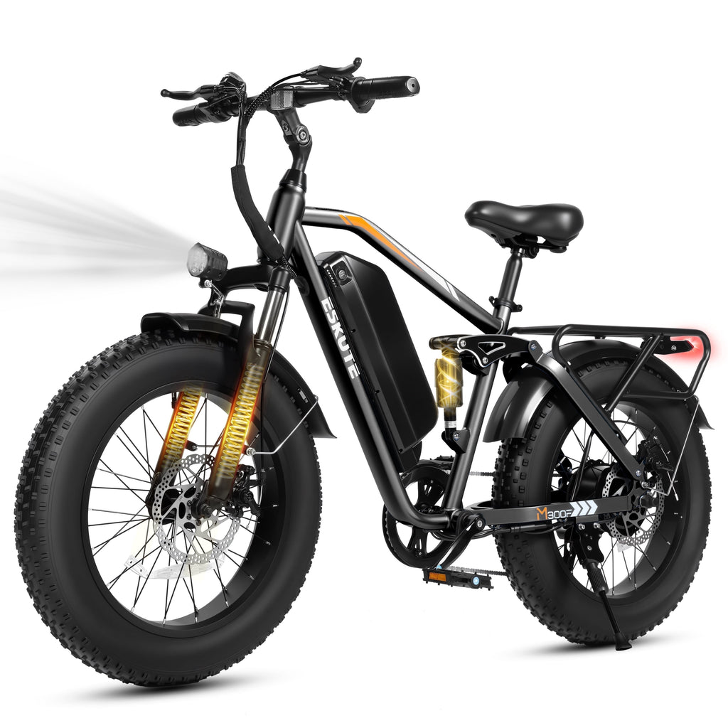 ESKUTE M300F Full Suspension Electric Bike, 20 Fat Tire Ebike, 48V 20.8Ah Removable Battery, 1200W Peak Motor, 7-Speed, Up to 80 Miles, Black, UL2849 Electric Bikes
